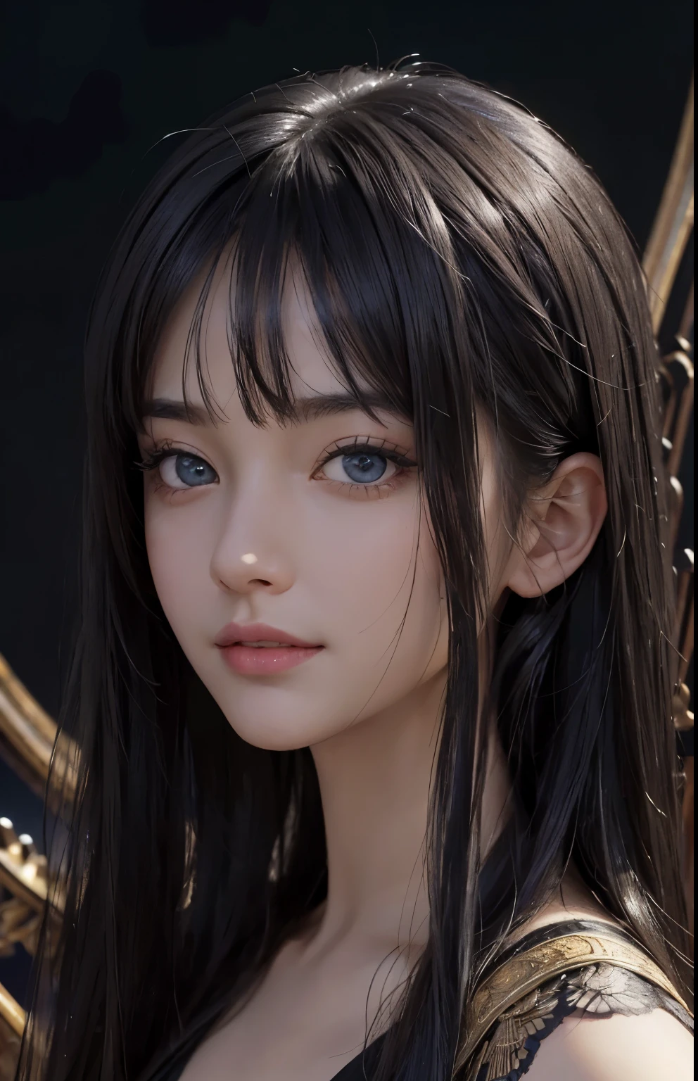 (surreal), (figure), (Improved resolution), (8K), (very detailed), (Best figure), (beautiful and detailed eyes), (highest quality), (super detailed), (masterpiece ), ( wallpaper), (detailed face), alone, 1 girl, looking at the viewer, small details, detailed face, in the dark, deep shadow, discreet key, Pure erotic face ace_V1, smile, long hair, black shawl straight hair , 46 point diagonal bangs