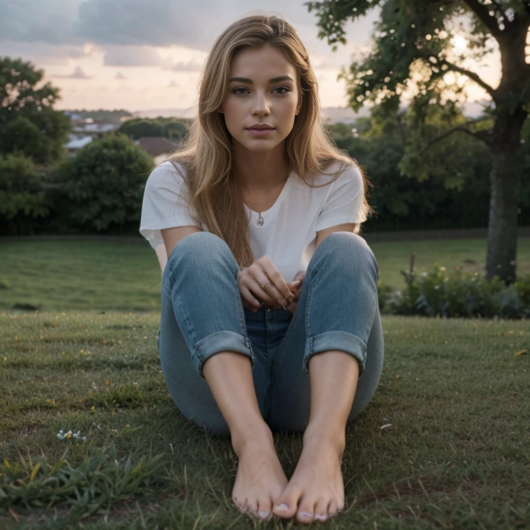 best quality, highres(1.2), ultra-detailed, realistic(1.37), HDR, vibrant colors, soft lighting, female, blond hair, French, detailed eyes, full lips, sensual expression, elegant posture, close-up of face, garden scenery, lush green grass, rainy weather, existing presence, fine details of clothing, form-fitting pants, jeans, barefoot, lying on the grass, legs stretched out, view from above, complete view, emphasized legs, captivating feet, realistic textures, peaceful ambiance