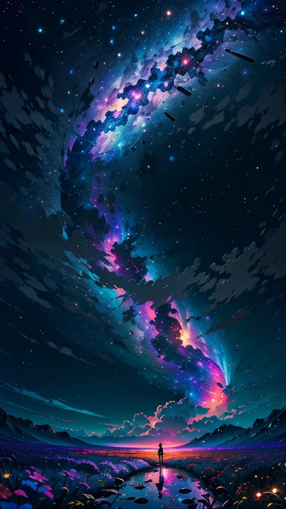 wide々landscape photography , (View from below showing the sky above and open fields below), A girl standing in a flower field and looking up,girl wearing kimono,,,,, (full moon:1.2), ( shooting star:0.9), (nebula:1.3), distant mountain, Tree BREAK production art, (warm light source:1.2), (fire Fly:1.2), lamp, lots of purple and orange, intricate details, Volume lighting BREAK
(masterpiece:1.2), (highest quality), 4k, Super detailed, (dynamic composition:1.4), very detailed, colorful details,( rainbow colors:1.2), (shining lighting, atmosphere lighting), dream-like, Magic, (alone:1.2)