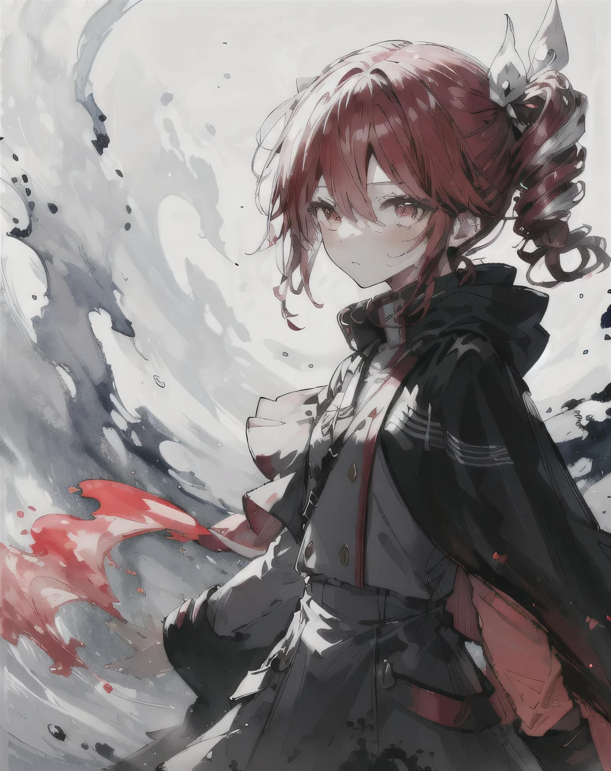 1 girl,(redhead)),red eyes,Daikon,long hair,(loose long hair),((black cloak)),(cape hood),scarf,red moon in the sky,night,floating red flowers fall,Upper body,Remains,intense shadow,Ash,fire,ice,((Ink wAsh painting)),((ink splAshing)),((color splAshing)),