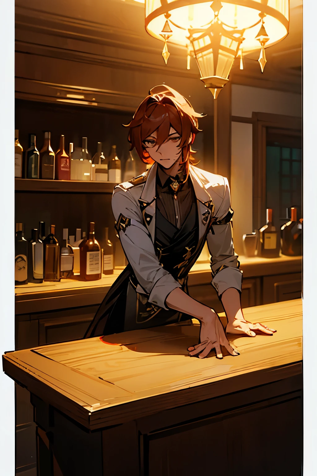 illustration of Kaeya alberich from genshin impact in a modern outfit working as a bartender. he is masculine, attractive and seductive. detailed bar background with characters, tables, bottles and more. atmospheric lighting. confident male leaning over the counter and seductively handing the viewer their drink