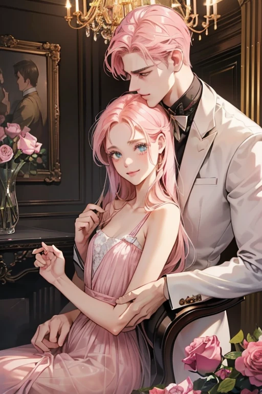 (table top, digital art, digital illustration, 4k, 8K, Super detailed, beautiful images, clear image, realistic, Raw photo, perfect face, perfect lines, perfect eyes, soft lighting) 1 female, (long pink hair,straight hair,bullish look,beautiful woman,grace,Mode method,one piece、solid makeup,23 is a novel,small breasts:1.3),Two handsome men in suits, (human,man wearing a suit,muscular,solid shoulder width,adult male,Boyish blue hairstyle,british gentleman&#39;s style,A man in his 30s with a cool expression,28 year old man with a bright smile:1.2),antique furniture,antique clamp,antique chair,chandelier,crystal glass,luxury,fantastic light,marble fireplace,(embarrassing,shy smile,bouquet of pink roses:1.2),antique sofa,Leather sofa,crying face,I cry with frustration,beautiful tears、the kiss、kiss、couple、couple kissing、romance、sex、sexする、