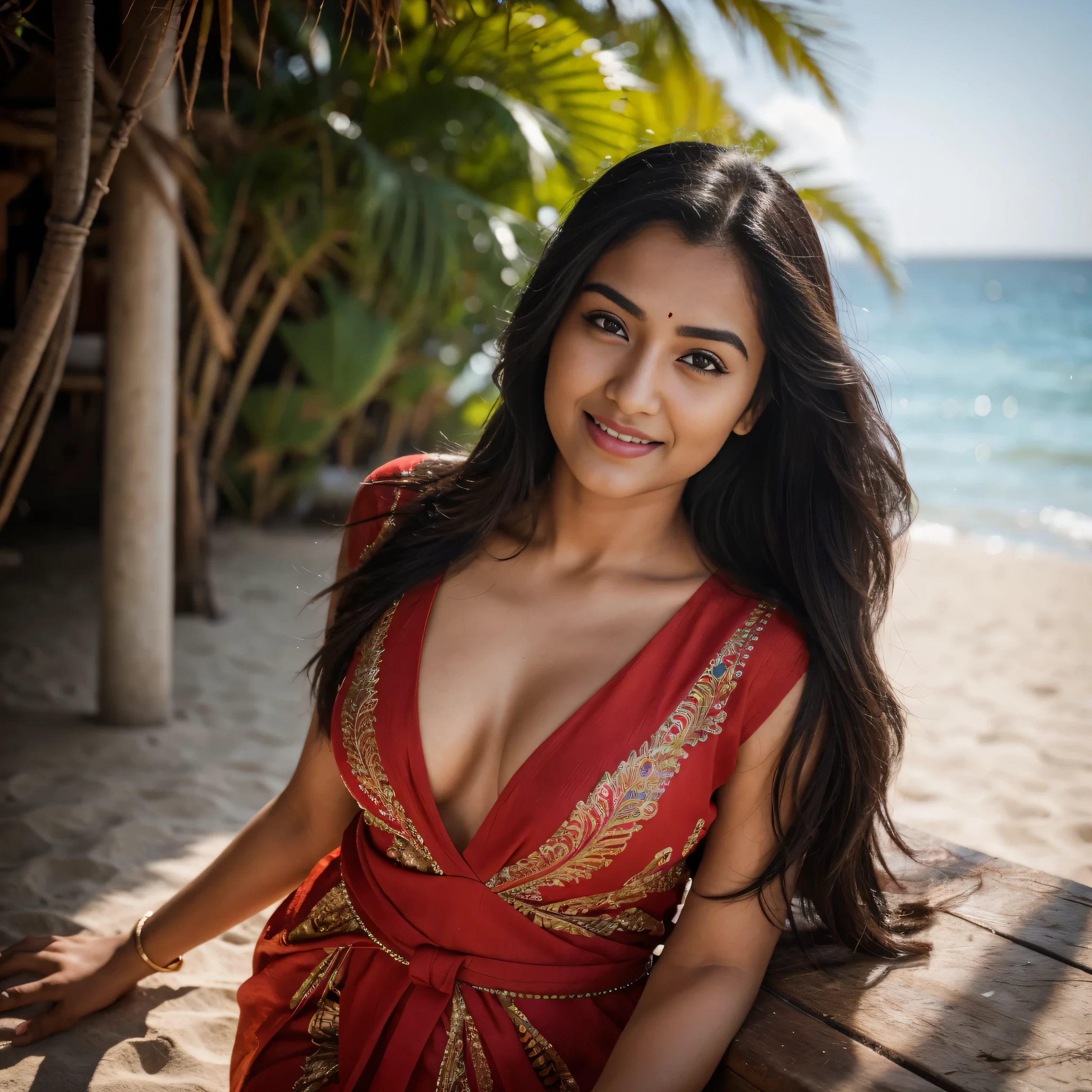 ultra-realistic photographs,Indian Instagram female model,mid 20s,9:16,mid-shot,beautiful detailed eyes,detailed lips,longeyelashes,black long hair style, naturally full eyebrows,perfectly formed nose,expressive face,attractive appearance,elegant posture full head to toe photo,graceful movement, red dress, beach atmosphere, soft and natural lighting,vivid colors,photorealistic,HDR,highres,natural lighting,ultra-detailed,bokeh,good smile