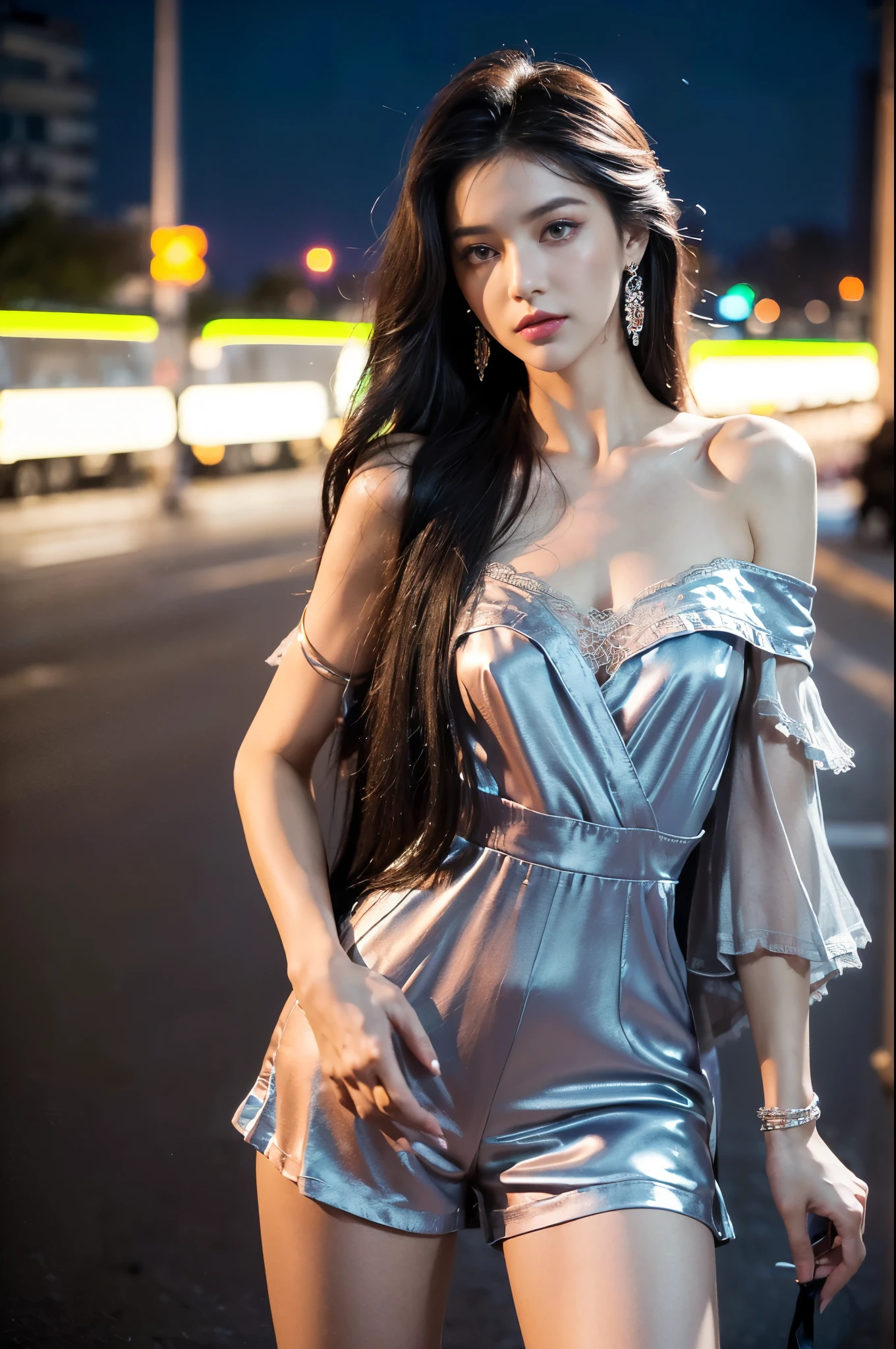 you have a mission Task (((The most beautiful women wearing perfectly tailored outfits for specific situations))), (give solution), ((Always draw hands and fingers correctly, if you make a mistake,please correct them)), Put beautiful clothes on beautiful women with perfect figures, Made from available materials ( ((silk), (canvas, nylon)), (latex lace), (((jewelry))), chain mail, bracelet, period, earrings, daily necessities)), I encourage you to draw them all, ( ((I encourage you to choose the right background for your pheNomenally drawn creation)), (use any technology, any style, any clothes, even choose ((eye color, Hair color, even hairstyle, cosmetic, anyway and how to do it))), ((experiment, binding complex,)), (masterpiece:1.hot realism:1.37), (actual:1.5), (extremist_detailed:1.3), (The extremist -The high-definition), depth of field, (best quality), Attention to detail, double eyelids, Wear an off-shoulder top, Full body female love, If you want, you stand, (Horizontal),(lace), ((charm, The paparazzi took pictures of her)), medium contrast, pastel colors, long legs, Yes, ((layered cutting: 1.32)), ((brightly colored clothes)), ((Lively,positive,Lively)), ((No Pantieposing thighs)), (:1.6), ((black silken skirt, (small skirt:1.22), No_, bending)), ((hip wrap skirt))), (look to one side, look up, look down, random expression), (rich,Includes decorative embroidery:1.2), ((Very complex epic jumpsuit design:1.38)), (red-white-black epic 有lace:1.38), (sharp focus), ((Very complex epic jumpsuit design:1.38)), ((city night), (neon lights), (night), ((Your style in the wind)))