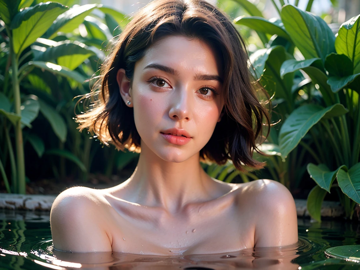 Realistic Photography, Beautiful Young Female ,Short hair ,river, extremely delicate and beautiful},Outstanding light and shadow, highly detailed wallpaper,Clear and bright sunlight, taking a selfie, naked portrait, nude photography, close up portrait of bathing in a river, reeds, (backlighting), realistic, masterpiece, Soaked in water, Topless, Upper breasts, highest quality, lens flare, shade, bloom, [[chromatic aberration]], by Jeremy Lipking, by Antonio J. Manzanedo, digital painting,