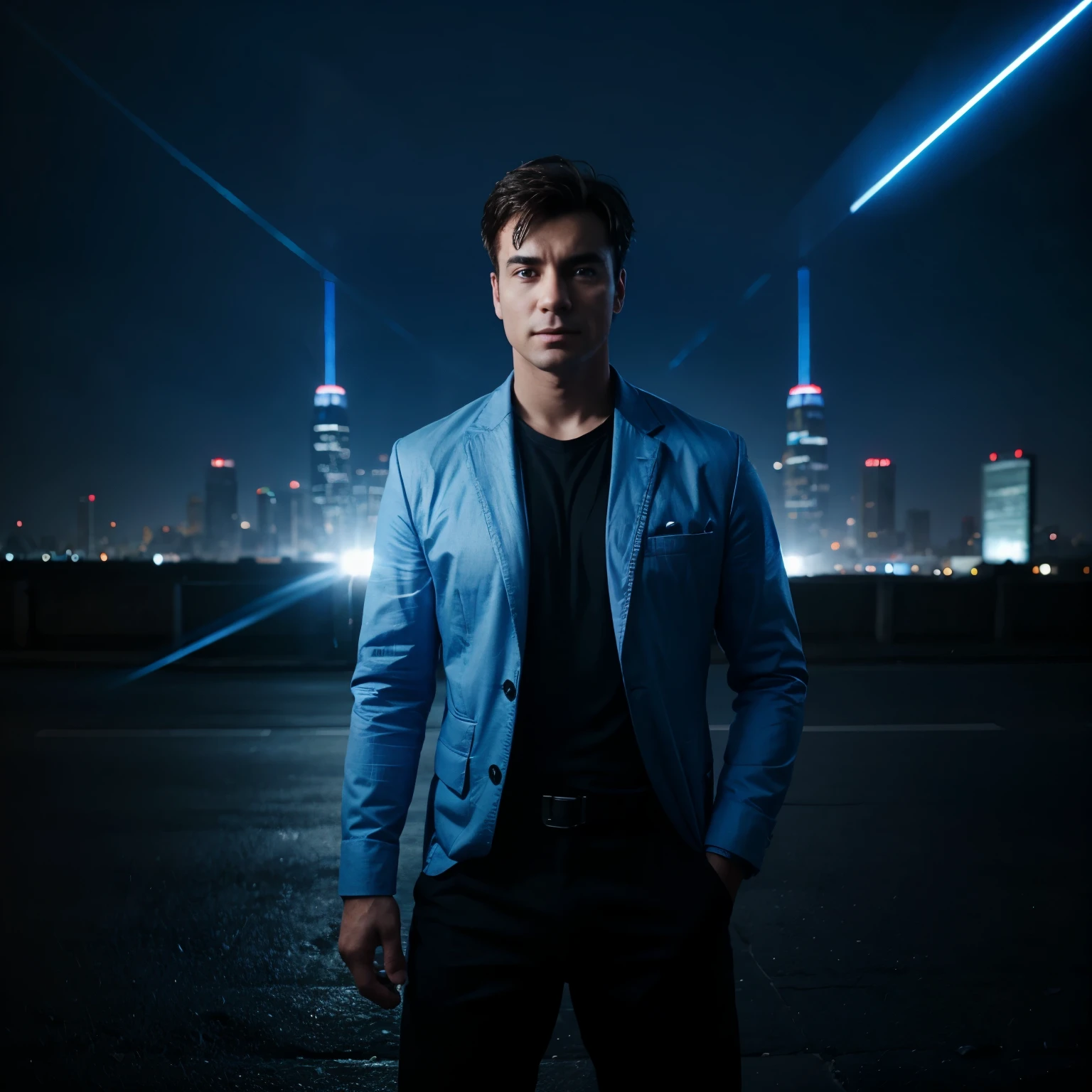 a picture of a man standing upright and in his right hand emitting blue electricity, and with an urban background