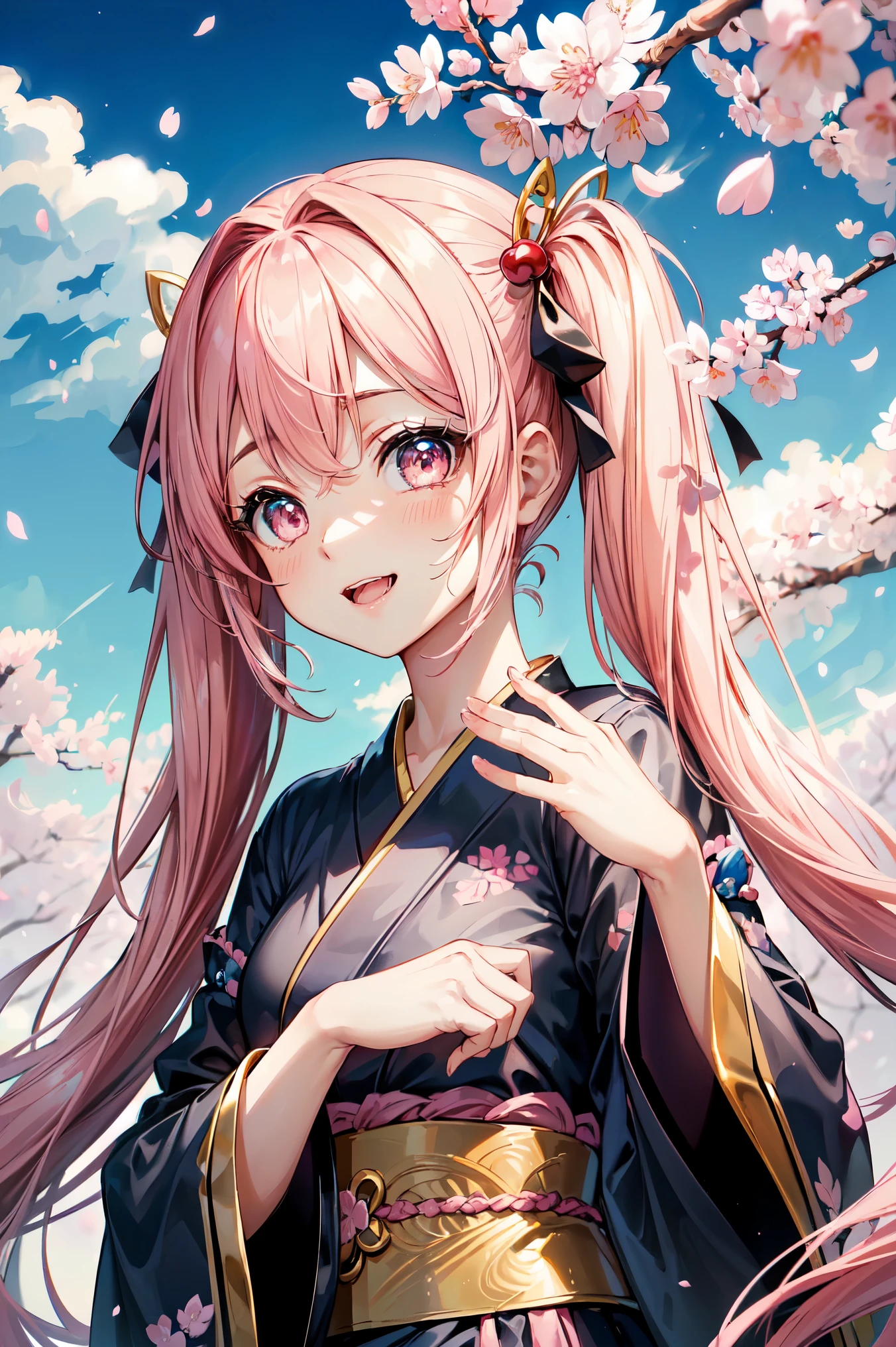 (8K, table top, highest quality, highest quality, official art, 息をのむbeautyとbeauty, very detailed, The best masterpiece in history that exceeds limits, 息を呑むようなbeautiful照明:1.2), (1 Absolute beautiful Girl, alone:1.3), 16 years old, (glossy white skin), (pink twintail hair, bangs:1.5), (adorable big pink eyes, drooling eyes:1.5), (Breathtaking beautiful black japanese kimono, heart, High precision embroidery, Gold thread, Silver thread:1.2), (Smile, beautiful smile, gentle smile, cute笑顔, An innocent smile like an angel:1.2), Nice views, Charm, wonderful, beautiful, elegant, Gorgeous, grow, eye-catching, 究極のbeauty, Supreme beauty, 最上級のbeauty, elegant, beauty, elegant, I love you all, beauty that fascinates everyone, I was healed, 最高レベルの完成されたbeauty, cute like an idol, Stylish like a fashion model, grace like a goddess, Beloved, cute, adorable, look at the camera, cute pose, Happy, (Breathtakingly beautiful Gorgeous spring garden, blue sky, cherry blossoms:1.5),