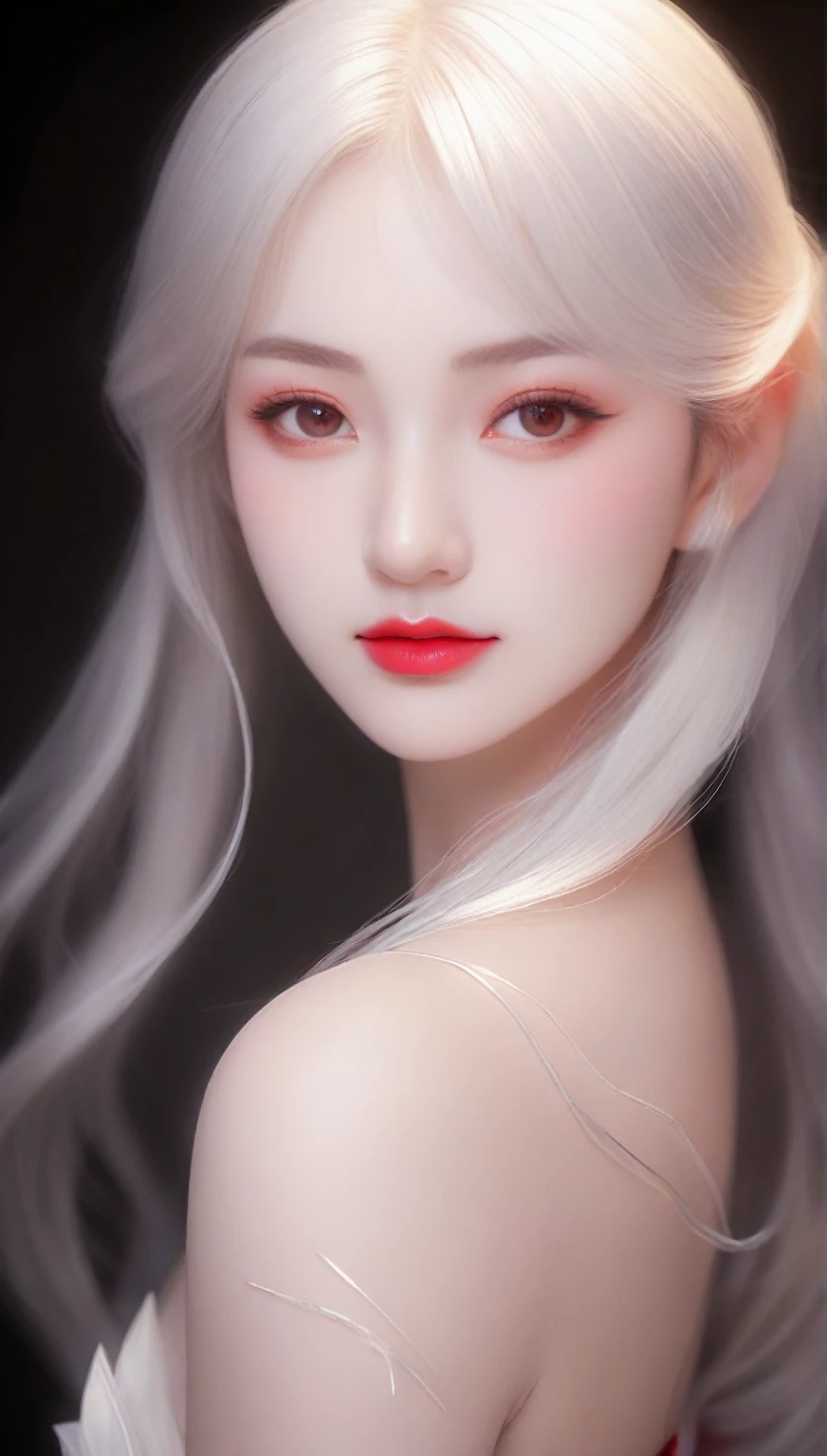 White hair, white dress, white theme, white background