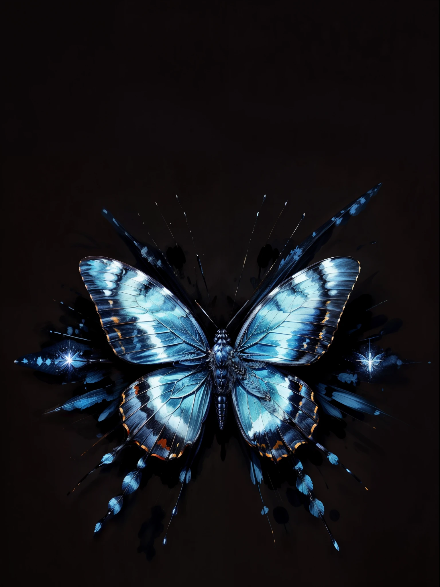 pure white background，Just a huge dark blue butterfly，There is slight flame.，It spreads its delicate wings，Beautiful and moving。insect，simple background