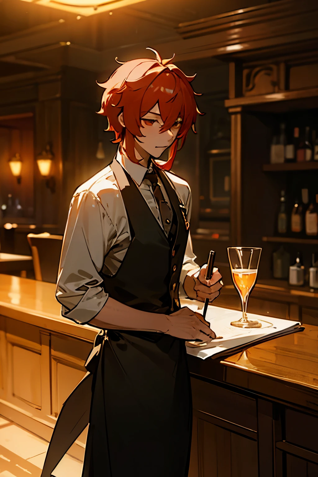 illustration of diluc from genshin impact in a modern outfit working as a bartender. detailed bar background with characters, tables, bottles and more. atmospheric lighting. seductive atmosphere.