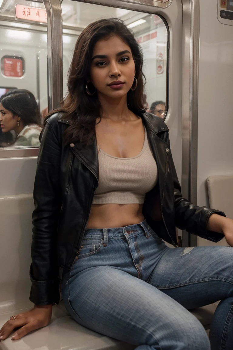 Indian girl 25 years old, beautiful, wonderful, sitting cross-legged, on the train in Delhi, alone, 1 girl, real, very high resolution, 8k, elegant jeans, luxury, fabulous body, top, blouse, red lipstick, sensual, sexy, earrings, black leather jacket, slight smile