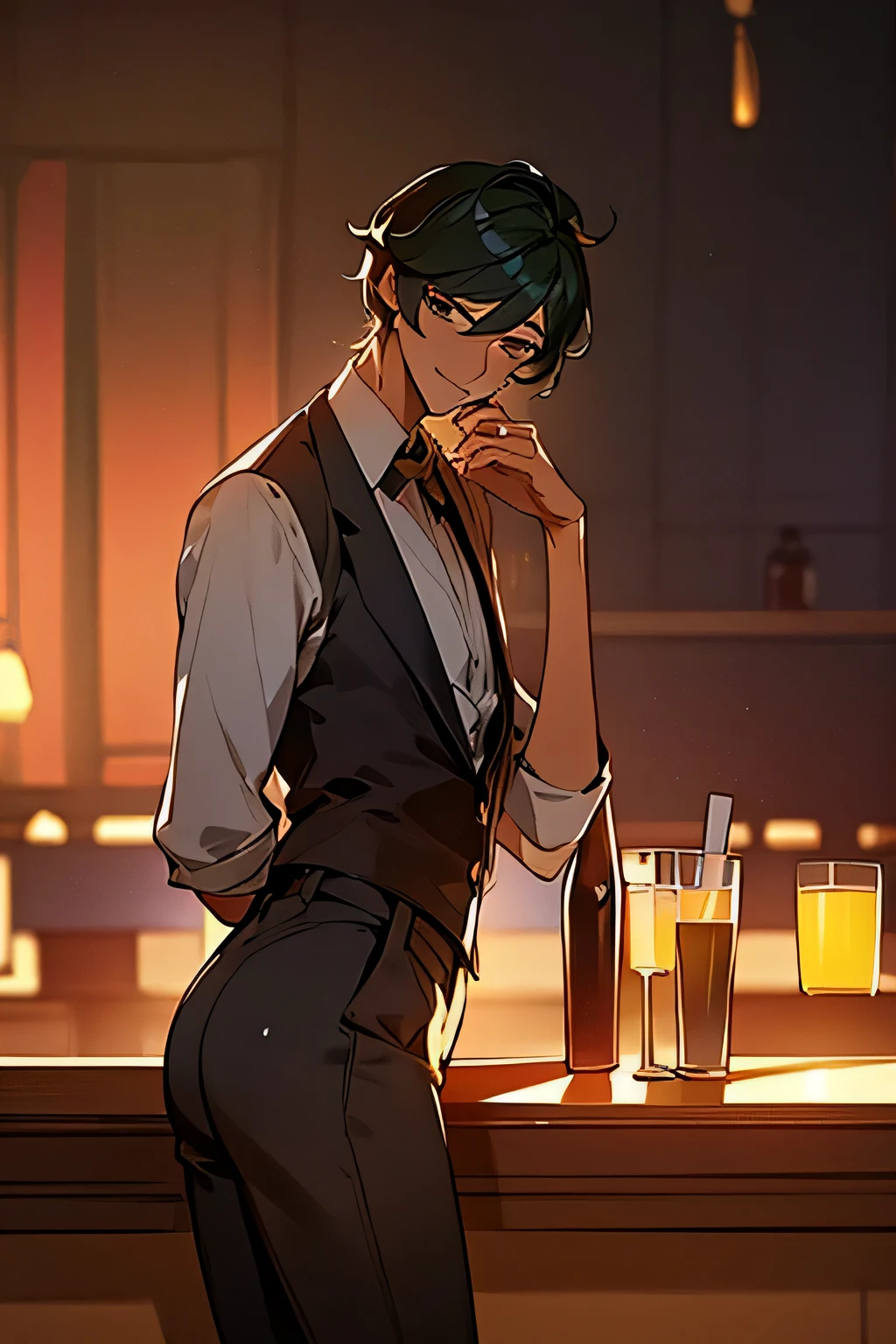 illustration of Kaeya alberich from genshin impact in a modern outfit working as a bartender. he is masculine, attractive and seductive. detailed bar background with characters, tables, bottles and more. atmospheric lighting. confident male leaning over the counter and seductively handing the viewer their drink