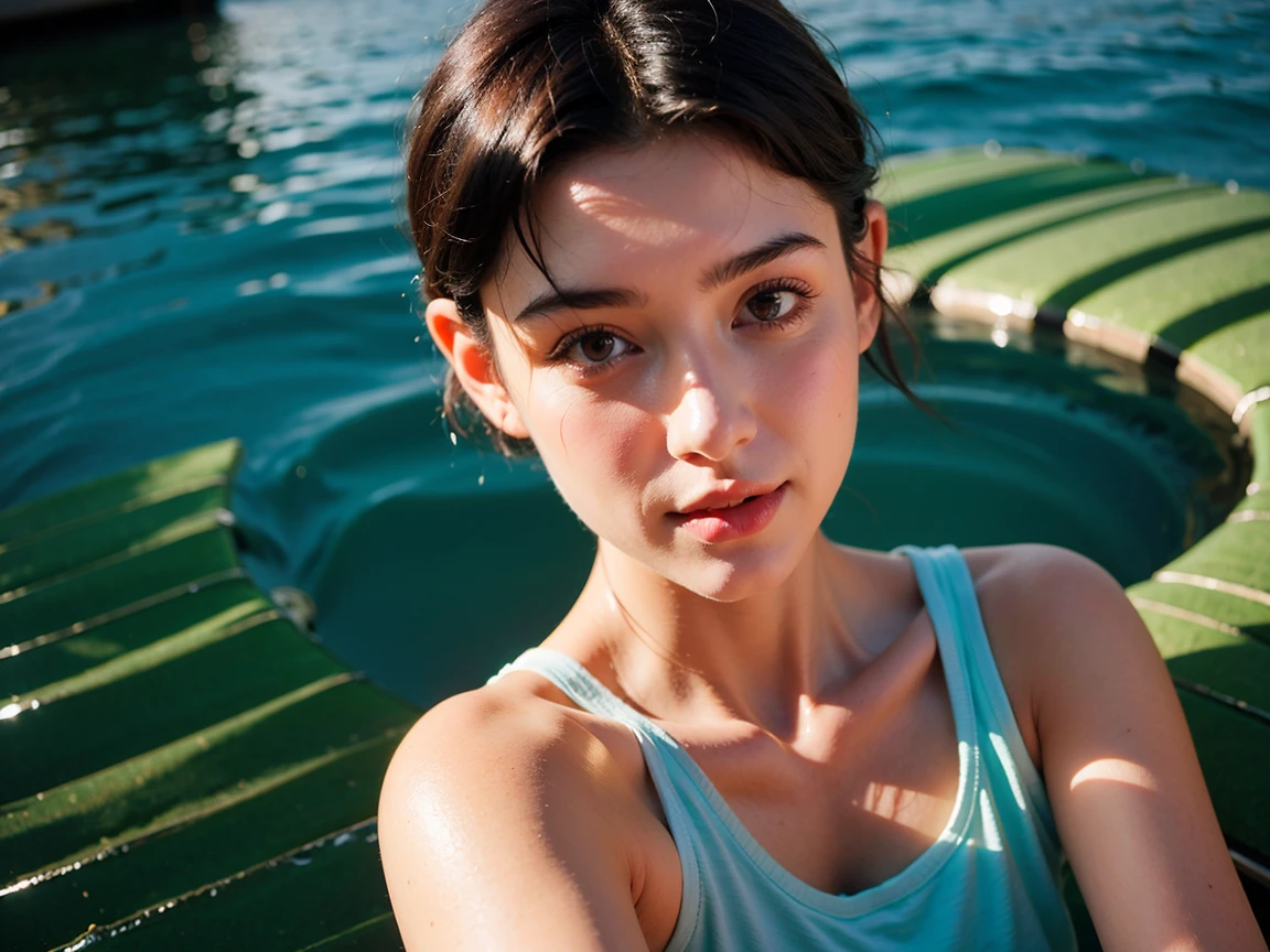 Realistic Photography, Beautiful Young Female ,Short hair ,river, extremely delicate and beautiful},Outstanding light and shadow, highly detailed wallpaper,Clear and bright sunlight, taking a selfie