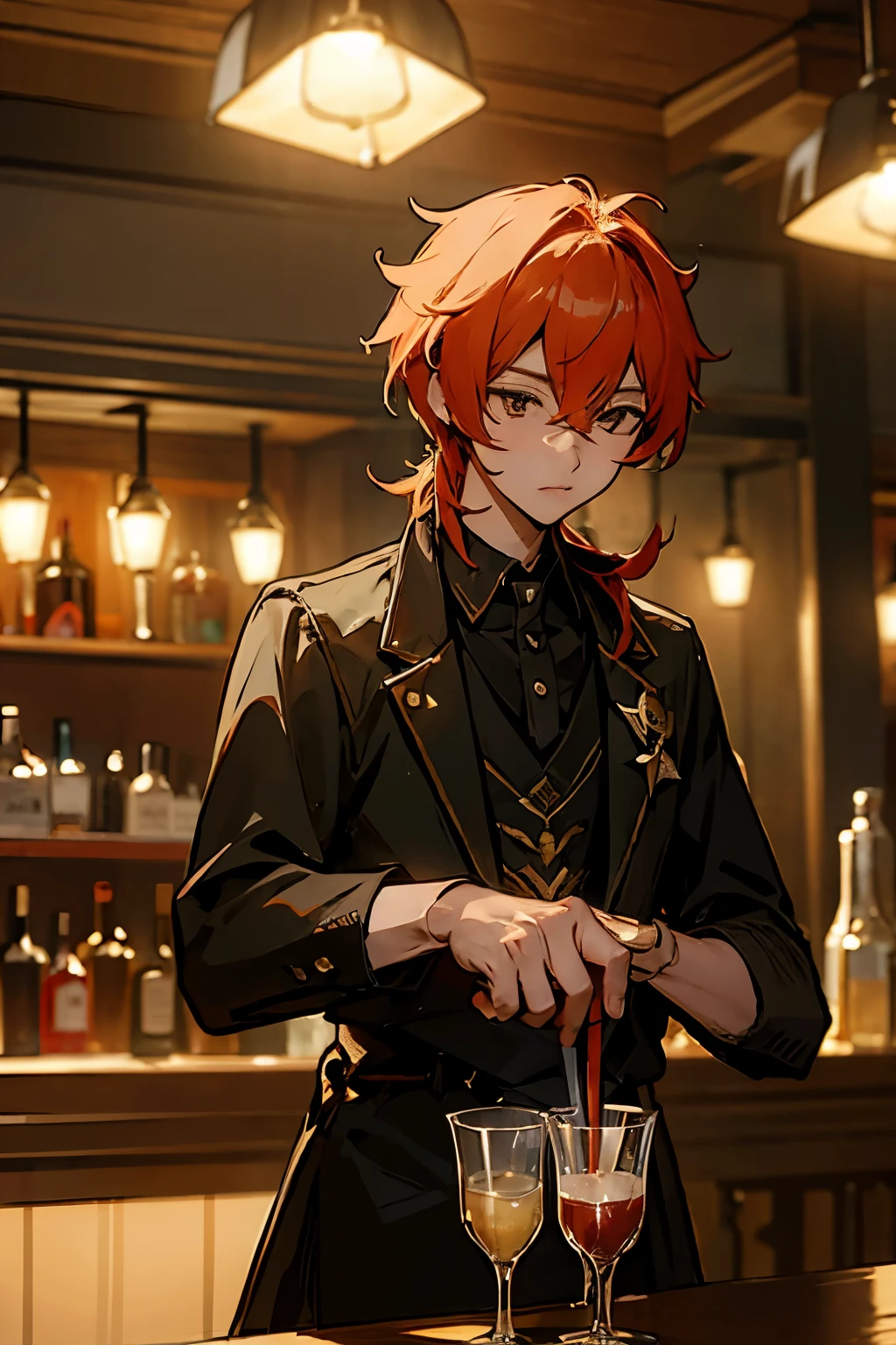 illustration of diluc from genshin impact in a modern outfit working as a bartender. detailed bar background with characters, tables, bottles and more. atmospheric lighting. seductive atmosphere.