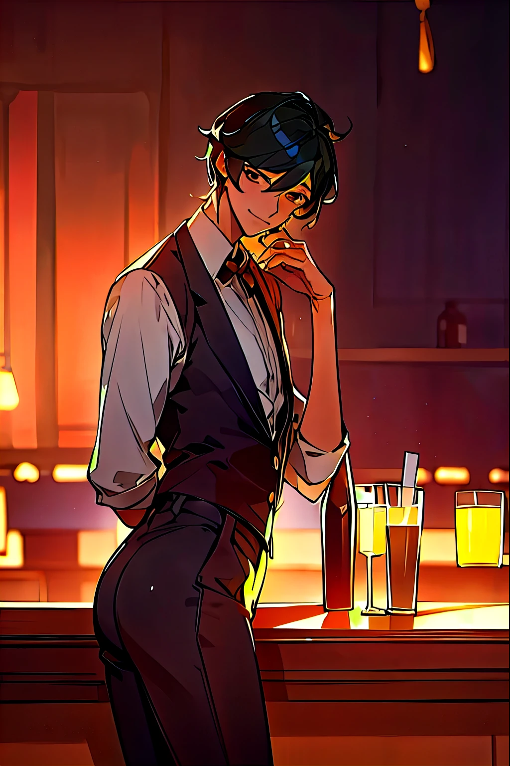 kaeya sitting at a bar, handsome anime pose, with a drink, handsome guy in demon slayer art, anime handsome man, at a bar, in a bar, delicate androgynous prince, holding a drink, official art, anime key visual of elegant, shigenori soejima illustration, stylish pose, ryuta ueda artwork
