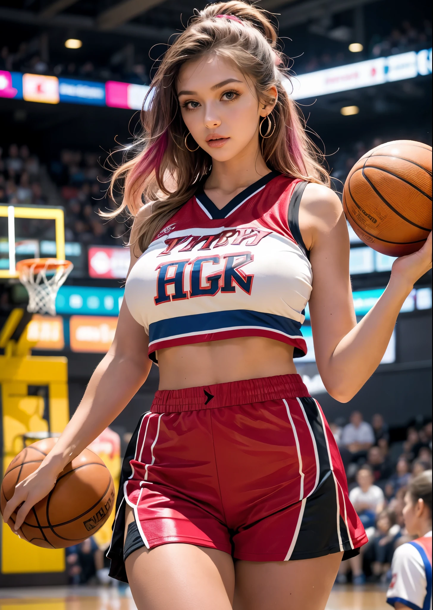 Psychedelic world、 basketball uniform and basketball shorts 、Cute sexy cheerleader girl 、21 year old girls accentuated super huge enormously gigantic tits spreading her legs open sexy seductive slutty pose 、very long pink hair、colorful vibrant background、basketball game background、perfect lighting、sharp focus、High definition、high resolution、High color rendering、High resolution、Super realistic、photo realistic