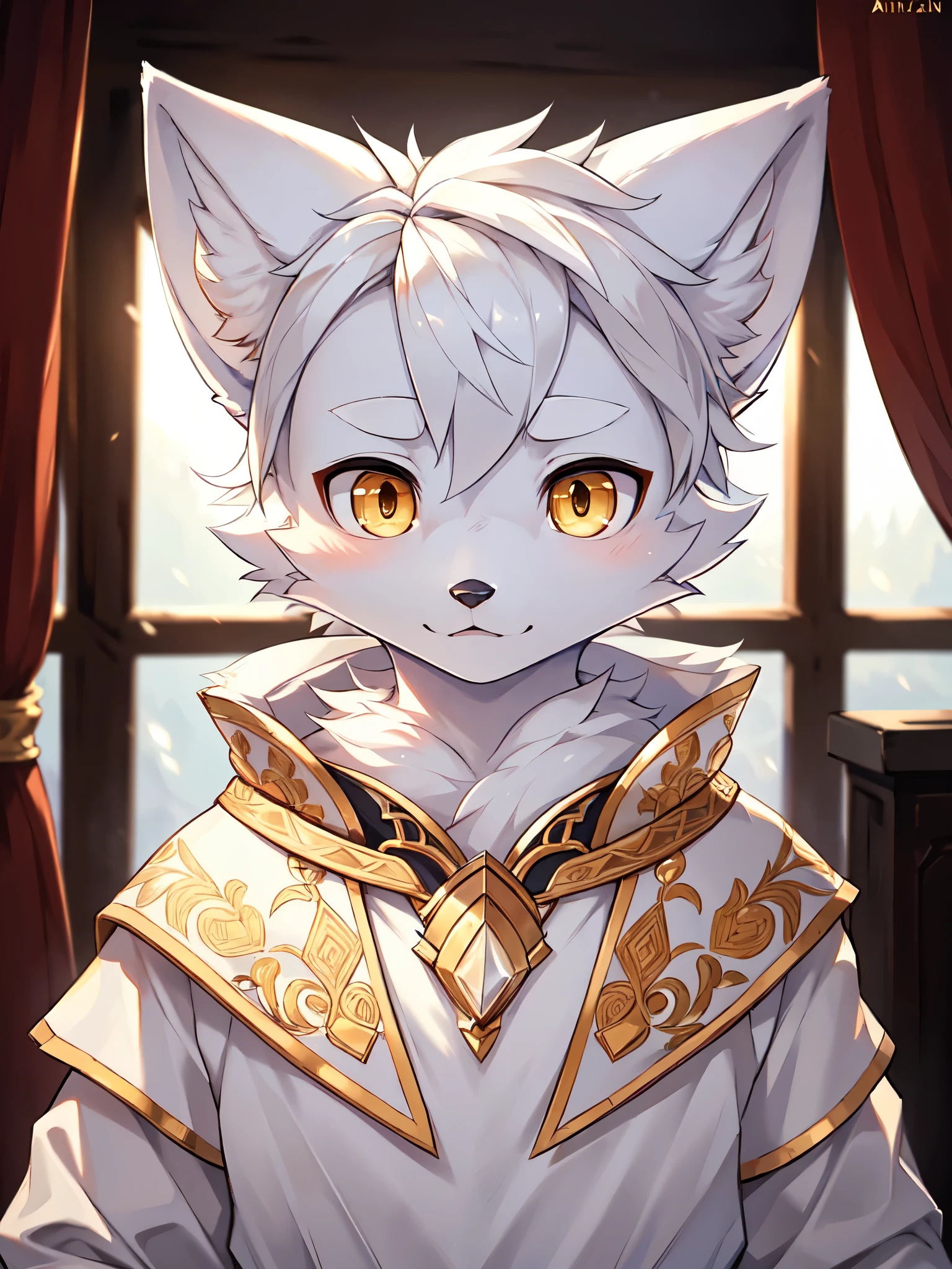 (best picture quality),(masterpiece),(((the only person))),(Super detailed),(male arctic fox:1.5), (white skin:1.3), hairy，(white fur:1.3),((golden pupils)) ,(gray ears),(hairy 动物 耳朵s)，((Gorgeous costumes))，Theatrical actor，natural lighting，complex background,Detailed face，Character focus，Detailed clothes，upper part of body，depth of field，lighting perfect，sharp focus，Character close-up