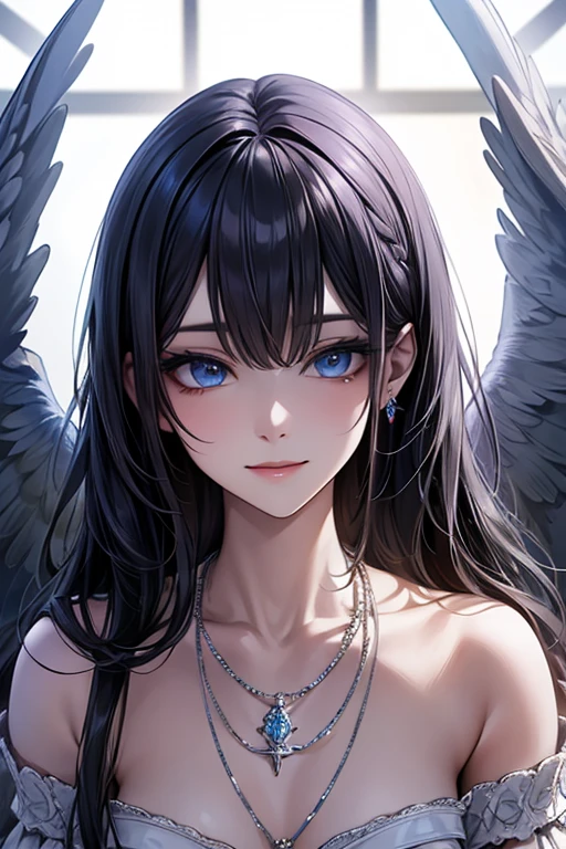 masterpiece_portrait, distinct, distinct_image, high_resolution, highres, high_quality_anime, high_quality, hyper_detail, finely_detailed, best quality, masterpiece, high resolution, 1 woman, white dress, black hair, blue eyes, hair accessories, necklace, bijouterie, beautiful face, beautiful body, Tyndall effect, realistic, edge lighting, two tone lighting, (high detail skin: 1.2), 8,000 UHD, DSLR, soft light, shining, high quality, volumetric lighting, candid, picture, high resolution, 4K, good quality, exciting atmosphere, Sacred, angel, white wings, wings, The smallest details, specific details, smiling