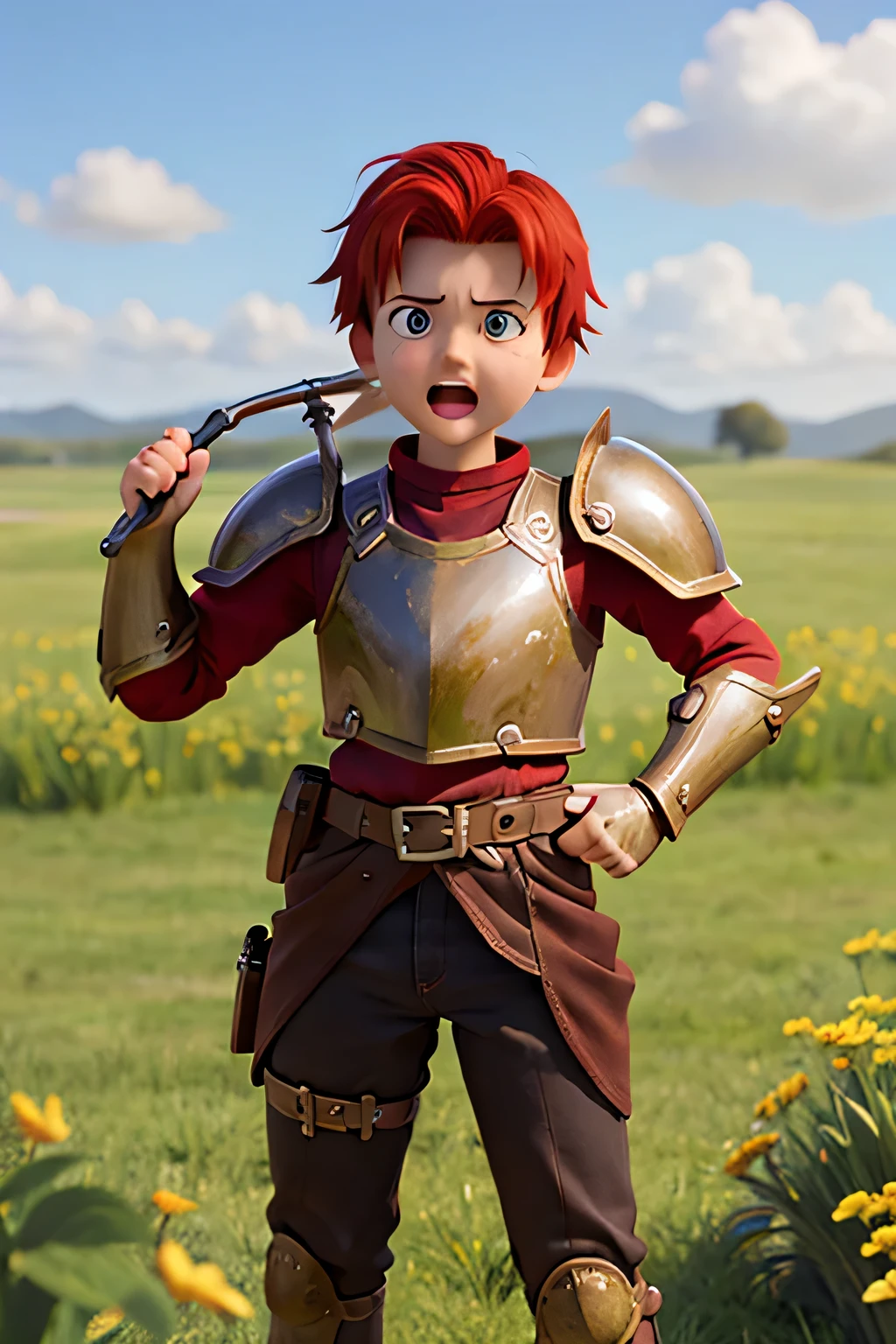 young boy, 13 years old, short red hair, wearing armor, with fearless expression, in a field, biblical style