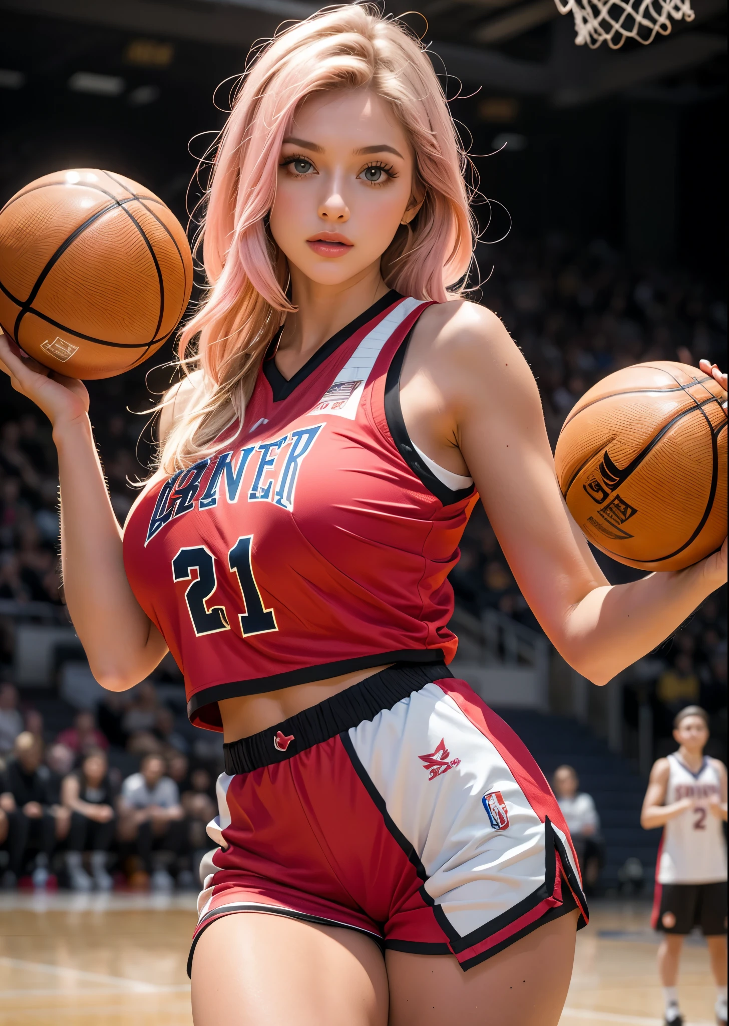 Psychedelic world、 basketball uniform and basketball shorts 、Cute sexy cheerleader girl 、21 year old girls accentuated super huge enormously gigantic tits spreading her legs open sexy seductive slutty pose 、very long pink hair、colorful vibrant background、basketball game background、perfect lighting、sharp focus、High definition、high resolution、High color rendering、High resolution、Super realistic、photo realistic