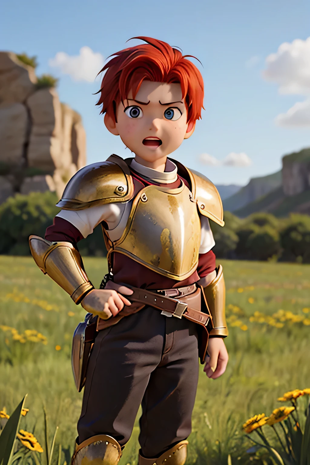 young boy, 13 years old, short red hair, wearing armor, with fearless expression, in a field, biblical style