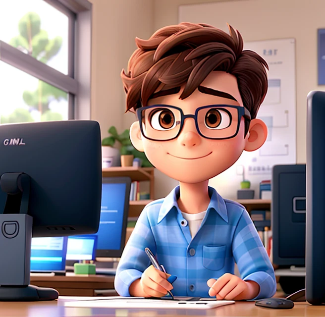 The character is a boy with a short haircut, round prescription glasses next to the computer
