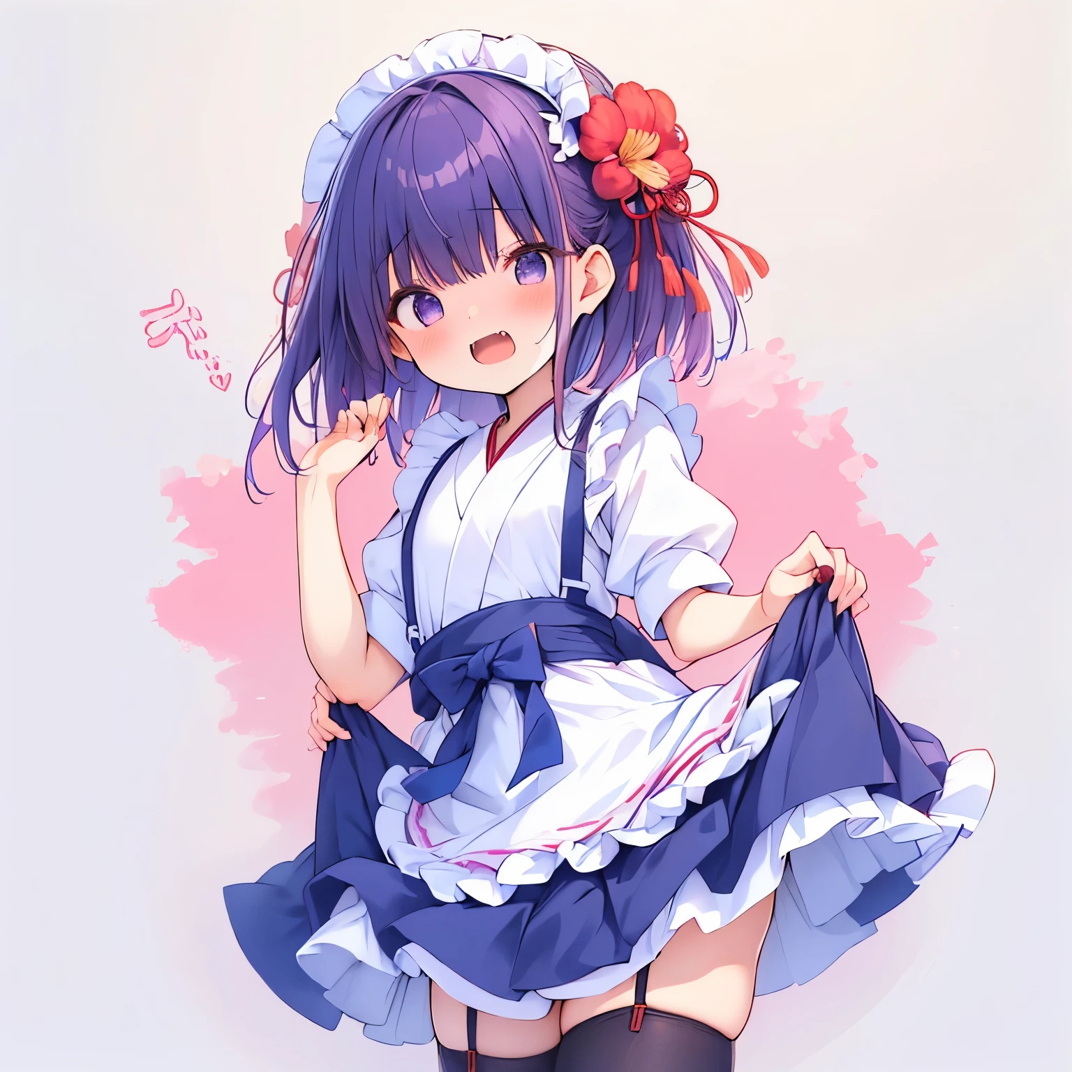 ((日本人のgirl1人、aldult)), ( petite)), twin tailasterpiece, 最high quality, high quality, Highly detailed 8K wallpaper,flower garden、picnic、Purple Hair、Tropics、intense heat、heavy breathing、Breathing、Sweat、headdress、cute girls、Cute Japanese maid、Kappogi、ruffle apron、dynamic pose、Pick up the skirt、(open your mouth、Small fangs)、small breasts、Waiting for orders、No correction、Wave、(girl、Classmate、squid belly、pink wearing)、（No underwear）、beautiful flat chest、（激しいSweat）、(Saliva volume:1.4）、(female 、Cute belly、Before menarche、Swelling belly、cute pants）、（Stroking the stomach:2）、(A face that looks comfortable、beautiful face）、（Serving）、（Trembling in the lower back:2）、Life-size、in front of the camera、Walking with your legs together、skip