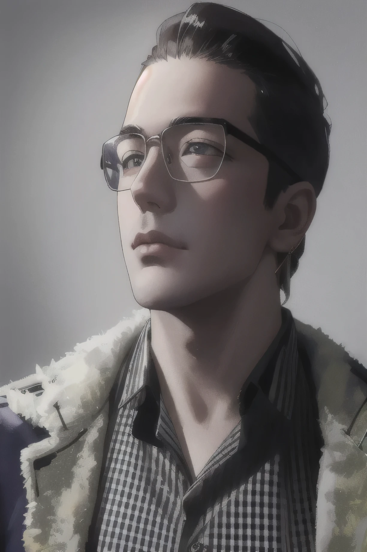 a man with glasses and a jacket looks to the side, high quality portrait, marc simonetti, Bohdan Rezunenko, portrait @hypnosis_Onc, Alexey Gurylev, Andrey Ryabovichevой, Andrey Ryabovichev, andrey surnov, portrait in the middle of the shot