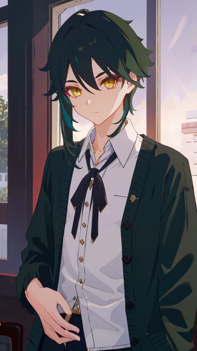 1 boy,dark green hair,highest quality,masterpiece,excessive,male focus,yellow eyes,beautiful eyes,beautiful boy,student,cutter shirt,cardigan,