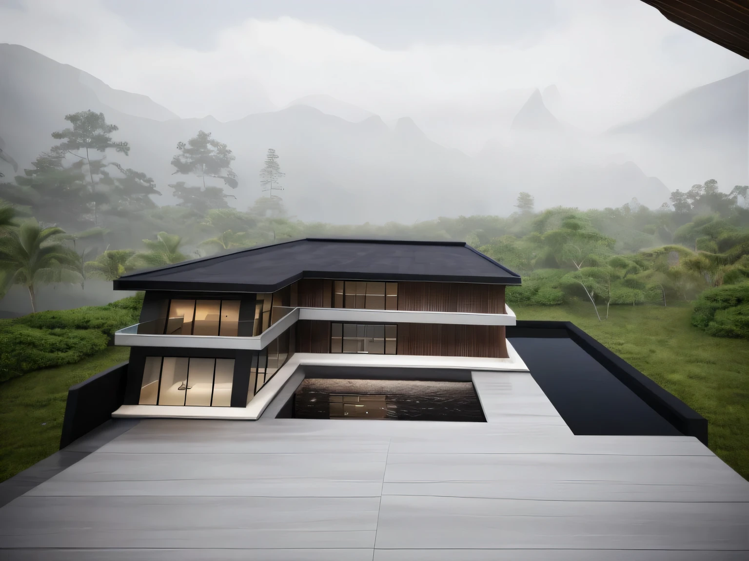 1 main wood door, slope roof, many glass door, concrete, wood wall,white, modern villa, palm, plant, beautiful sky, wood facade, pool front, architecture, beautiful, masterpiece, best quality, super detailed, realistic, photorealistic, 8k, sharp focus, droste effect photography, macro photography