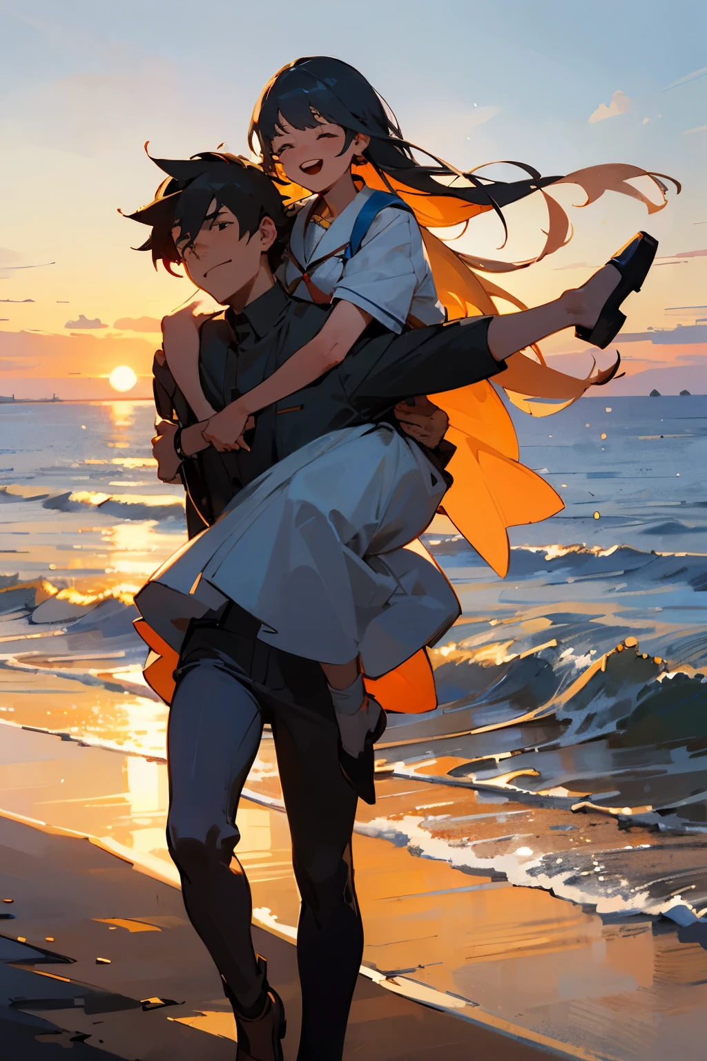 ((best quality)), ((masterpiece)), A man carrying a woman on his back,happy,seaside,sunset
