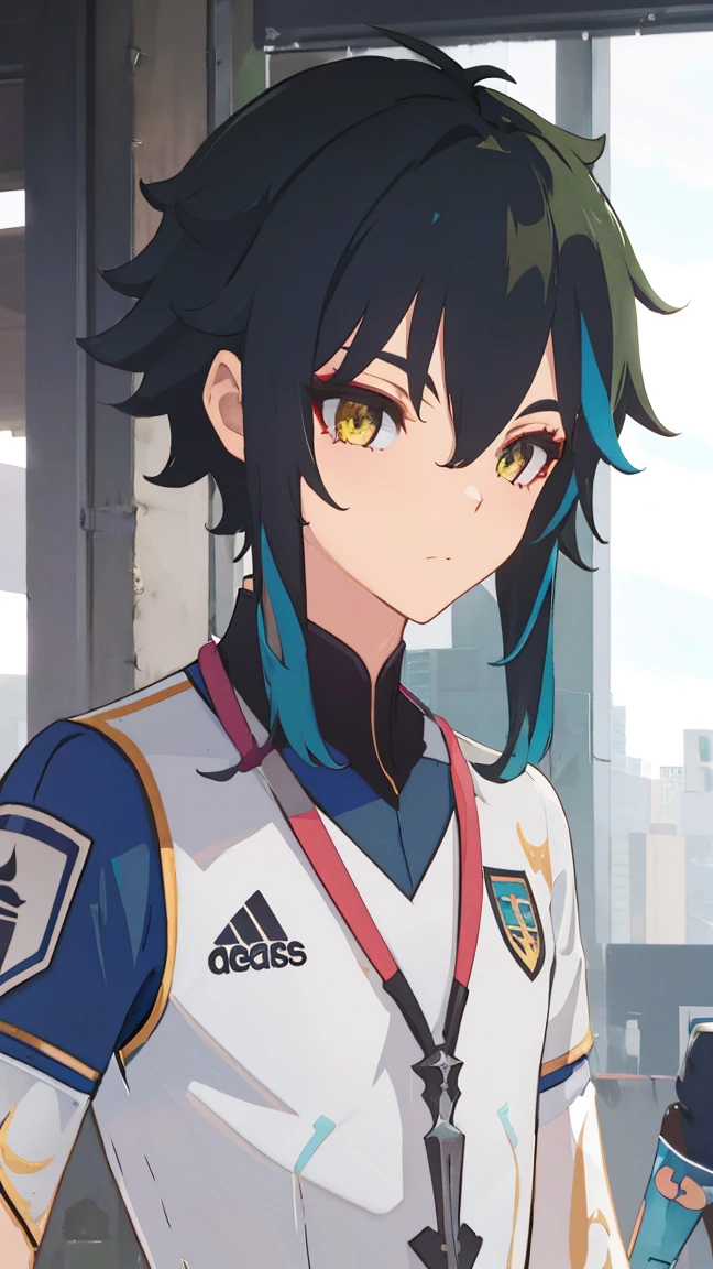 2 boys,dark green hair,highest quality,masterpiece,excessive,male focus,yellow eyes,beautiful eyes,beautiful boy,School,between men,Spouse,soccer club members,Blue soccer uniform,soccer,high school,soccer uniform,blue clothes,soccer court,teammates,same clothes,shoulder to shoulder,feminine,good friend,best image quality,