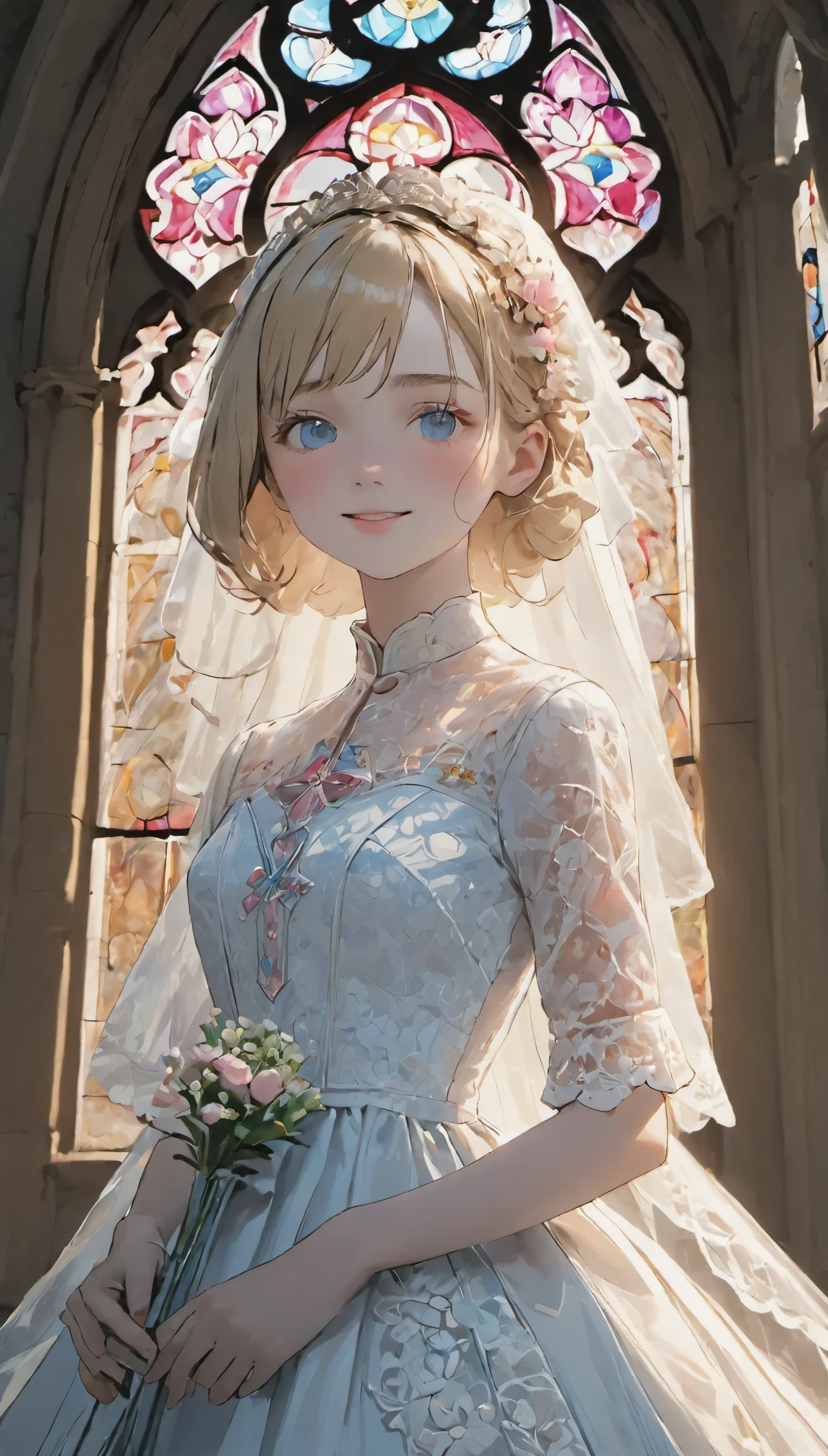 (((old church background:1.3、Historic stained glass)))、highest quality, Masseter muscle part, High resolution, albino girl、(((1 girl))), ************,(((The eyes are white:1.3)))、smile gently:0.2、white wedding dress、((light pink lace pattern:1.3、White Block Dress、Very delicate and detailed embroidery、Golden artistic embroidery)), have a bouquet、bouquet、Tyndall effect, realistic, shadow studio, dual tone lighting, (high detail skin: 1.2)、薄dark lighting、dark lighting、 Digital single-lens reflex camera, photograph, High resolution, 4k, 8K, background blur,fade out beautifully、White world、white background