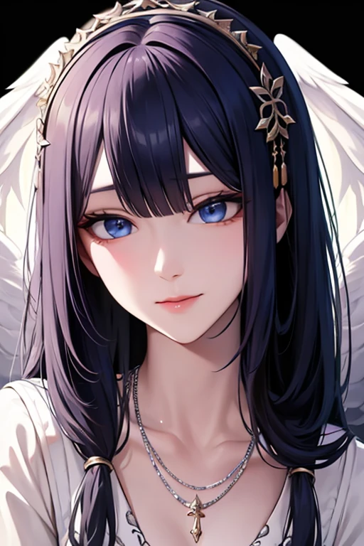 masterpiece_portrait, distinct, distinct_image, high_resolution, highres, high_quality_anime, high_quality, hyper_detail, finely_detailed, best quality, masterpiece, high resolution, 1 woman, white dress, black hair, blue eyes, hair accessories, necklace, bijouterie, beautiful face, beautiful body, Tyndall effect, realistic, edge lighting, two tone lighting, (high detail skin: 1.2), 8,000 UHD, DSLR, soft light, shining, high quality, volumetric lighting, candid, picture, high resolution, 4K, good quality, exciting atmosphere, Sacred, angel, white wings, wings, The smallest details, specific details, smiling