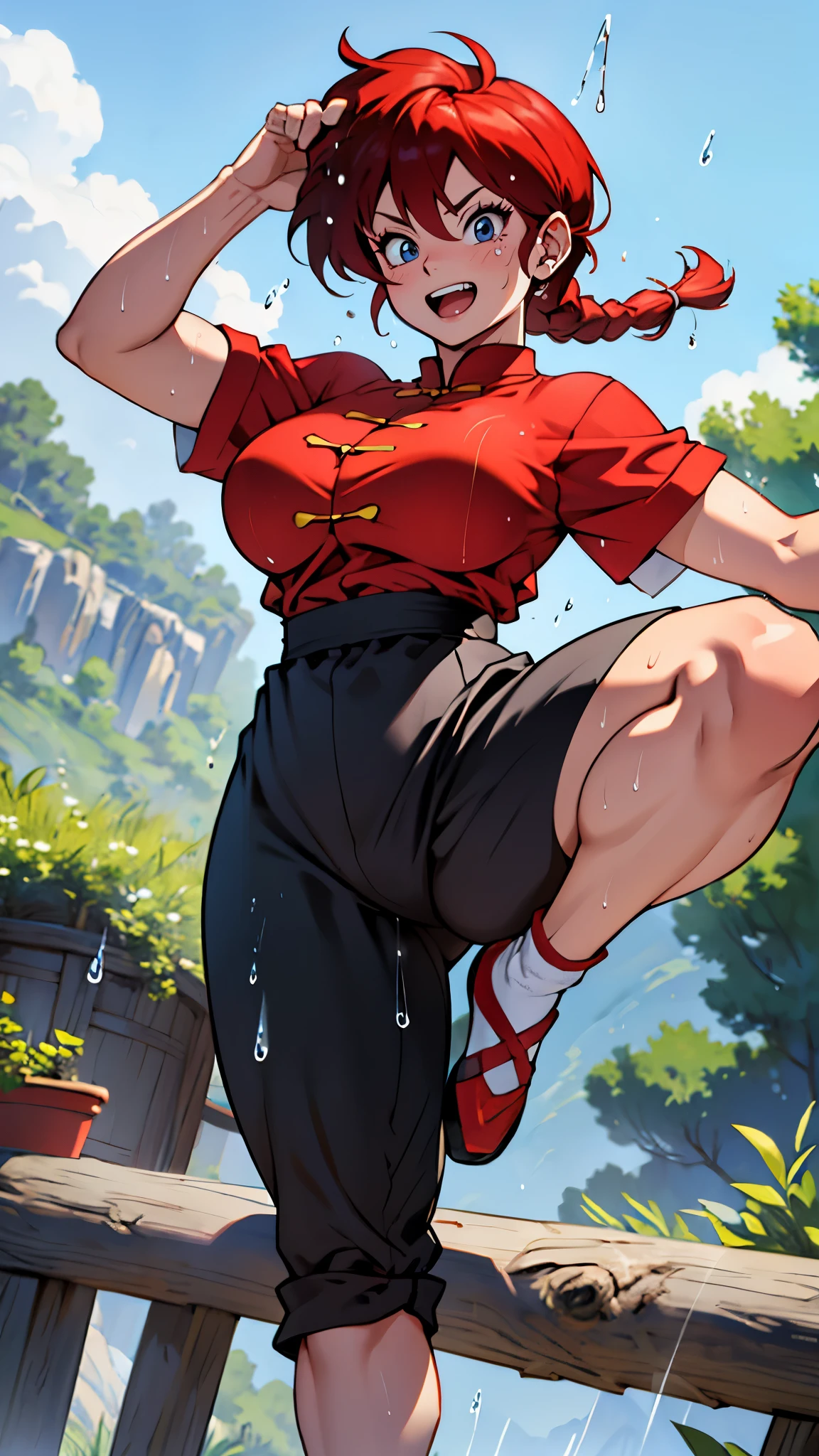 masterpiece, ultra quality, Beautiful detailed, extremely detailed,16K, exquisite, absurdity, highres, Beautiful background, Beautiful eye, Beautiful skin, anime style, 1girl, solo, looking at viewer, upper body focus, :1.5))), huge breasts, big ass, red_hair, single braids BREAK Ranma red_shirt, ranma black_pants, Black_kung fu_shoes BREAK cameltoe, cheeky smile, wide open mouth, double teeth, cheeky girl, dynamic pose, ( Kick with one leg raised high: 1.3), (I-shaped balance: 1.1), detailed hands, detailed feet, perfect anatomy, (sweat droplets: 1.5), outdoor, pine, Togenkyo,