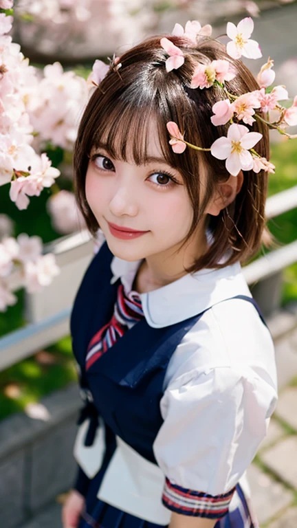 (highest quality,masterpiece:1.3,ultra high resolution),(Super detailed,caustics,8K),(realistic:1.4,RAW shooting),1 girl,(smile),(cherry blossomsを見上げる),17 years old,Cute like a Japan idol,Japanese,black hair short cut,(Miniskirt High School Uniform),glamorous,(big ),(chest focus),street,cherry blossoms,Natural light,(Lens flare),professional writing,(cowboy shot),(bird'point of view:1.2),(high position:1.4),(high angle:1.4)