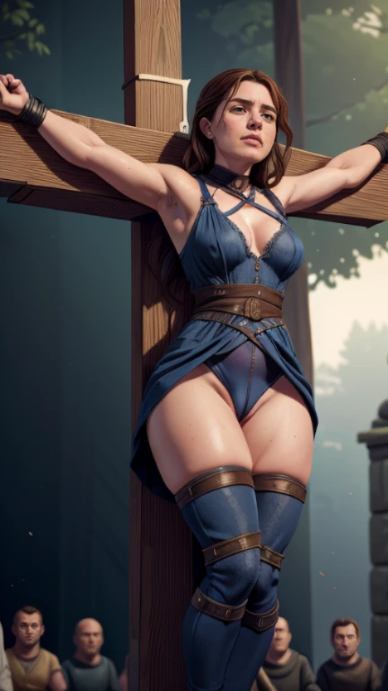Foto hiperrealista en primer plano de Willa Fitzgerald, Create dystopian masterpieces, scene from the Game of Thrones movie, the entire figure dressed in Game of Thrones style, tight dark blue dress with armor accessories, broken breastplate, on a medieval market square, beautiful woman, skinny, small breasts, straight brown hair, detailed face, ((fear)), photo taken from a distance, age 35 years old, (((violent men lifting her dress:1.2))), (((cameltoe panty))), (((restrained and crucified by the crowd:1.2))), (((serious))), (((tears running along her cheeks))), (wood cross), big sagging breasts