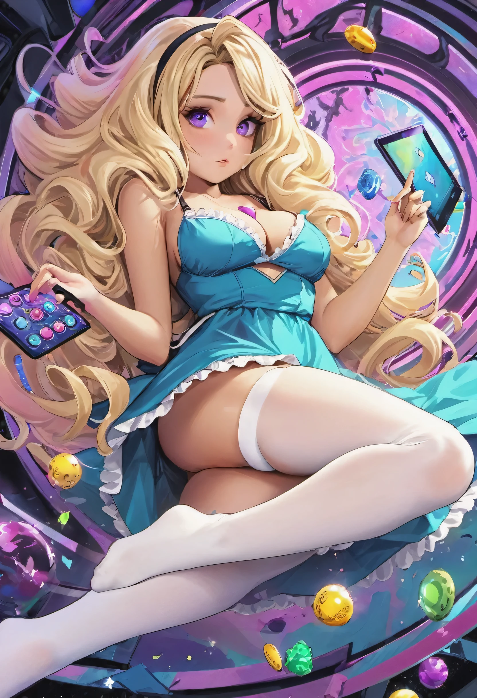 a beautiful 20 year old blonde woman with big messy hair in a blue dress, white stockings, black headband, cleavage, fantasy art style, rossdraws cartoon vibrant, alice x. zhang, alice in wonderland cyberpunk, cute detailed digital art, colorfull digital fantasy art, digital fantasy art ), glossy digital painting, rossdraws pastel vibrant, rossdraws 2. 5, rossdraws 1. 0