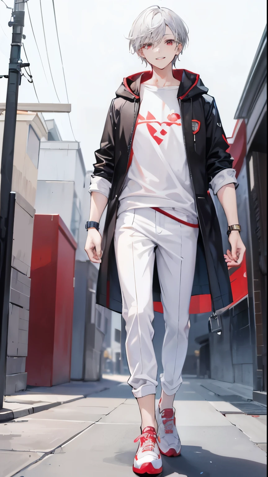 High resolution, 2D anime style,,cool men,red eyes,beautiful eyes,short hair,silver hair,White hoodie fashion,He is wearing long white pants,Beautiful watch,beautiful earrings,he is smiling a little,he is walking.