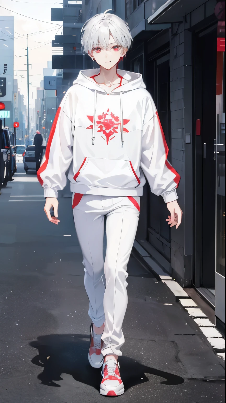 High resolution, 2D anime style,,cool men,red eyes,beautiful eyes,short hair,silver hair,White hoodie fashion,He is wearing long white pants,Beautiful watch,beautiful earrings,he is smiling a little,he is walking.