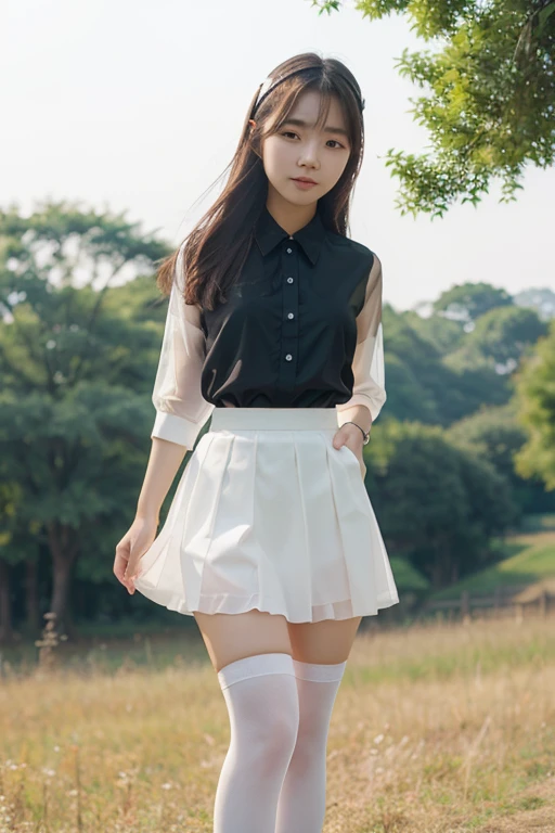 Cute Korean girl wearing a short black skirt with white stockings, and wearing a transparent white shirt on a field