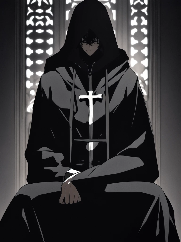 ((Character, best quality: 1.5, masterpiece, 8k detailed, monochrome: 1.5, anime)), solo: 2, 1boy, adult, hooded cloaked man smirking, sitting on a chair, dark light, combed hair, dark colors, cross-arm, hood on, close up shot, face view, upper body, edgCultist 