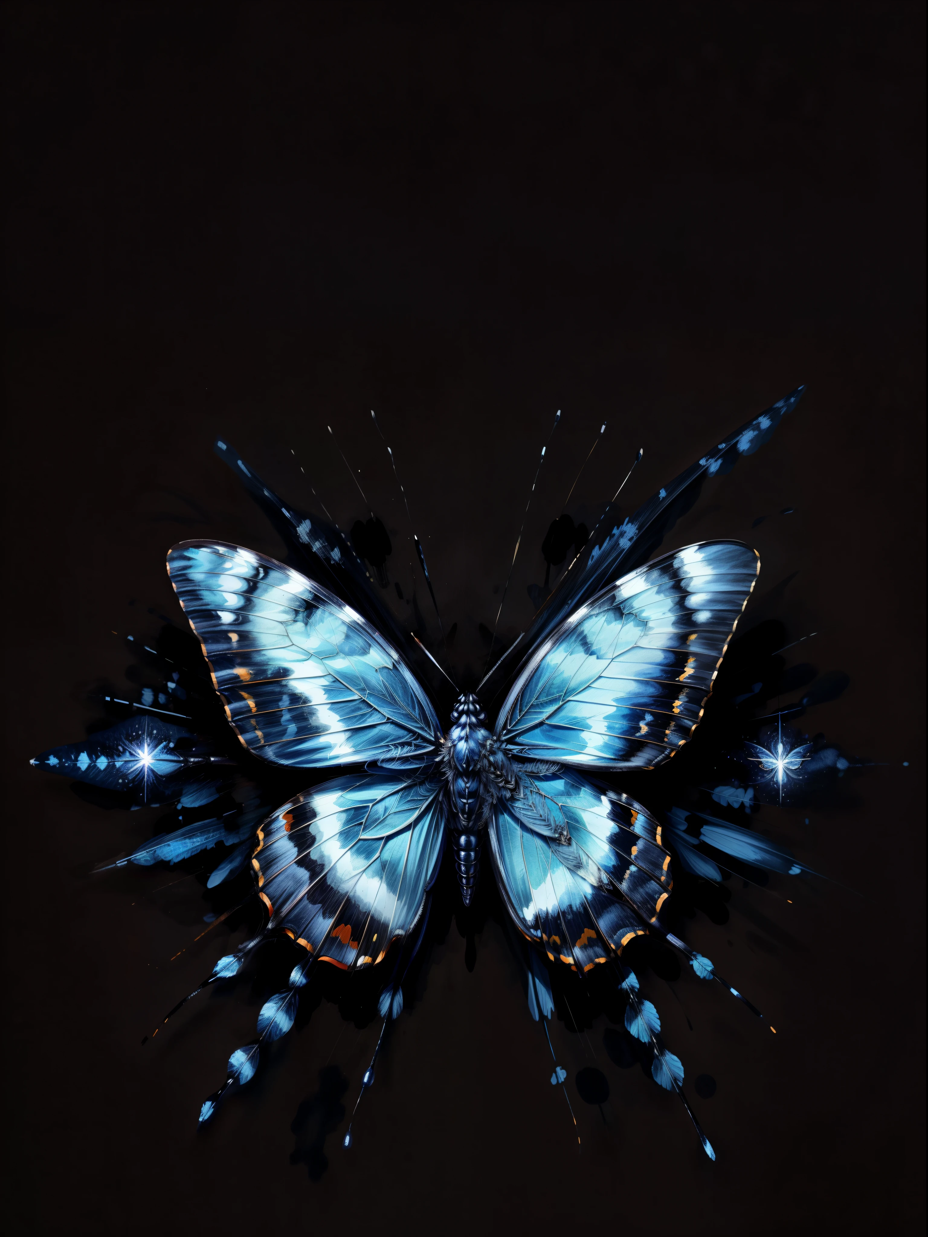 pure white background,Just a huge dark blue butterfly,There is slight flame.,It spreads its delicate wings,Beautiful and moving。insect,simple background