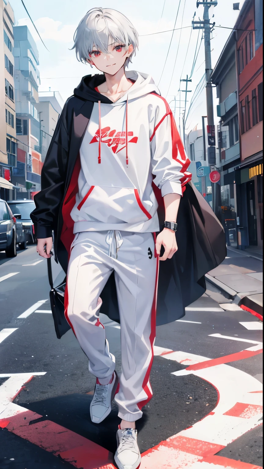 High resolution, 2D anime style,,cool men,red eyes,beautiful eyes,short hair,silver hair,White hoodie fashion,I'm wearing long pants,Beautiful watch,beautiful earrings,he is smiling a little,he is walking.