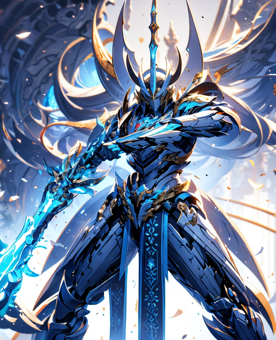 Futuristic tech style,Blue and white mech，All surrounded by particle dragons，With a spear，in a fighting stance，（《Romance of the Three Kingdoms》，《zhao yun》，Full body mecha,Fighting posture）, Keqing from Genshin Impact, (Masterpiece) ， The best quality， High quality，Gold armor，movie lighting， （Exquisite future）， Beautiful and beautiful， Ultra detailed， great composition， Floating， Depth of field， （Very detailed CG，Unity 8k wallpaper）， （Beautiful detail background）， dramatic lights， GOGETTA， Mecha，best qualtiy，ultra high resolution，Vivid Wait for it to begin
