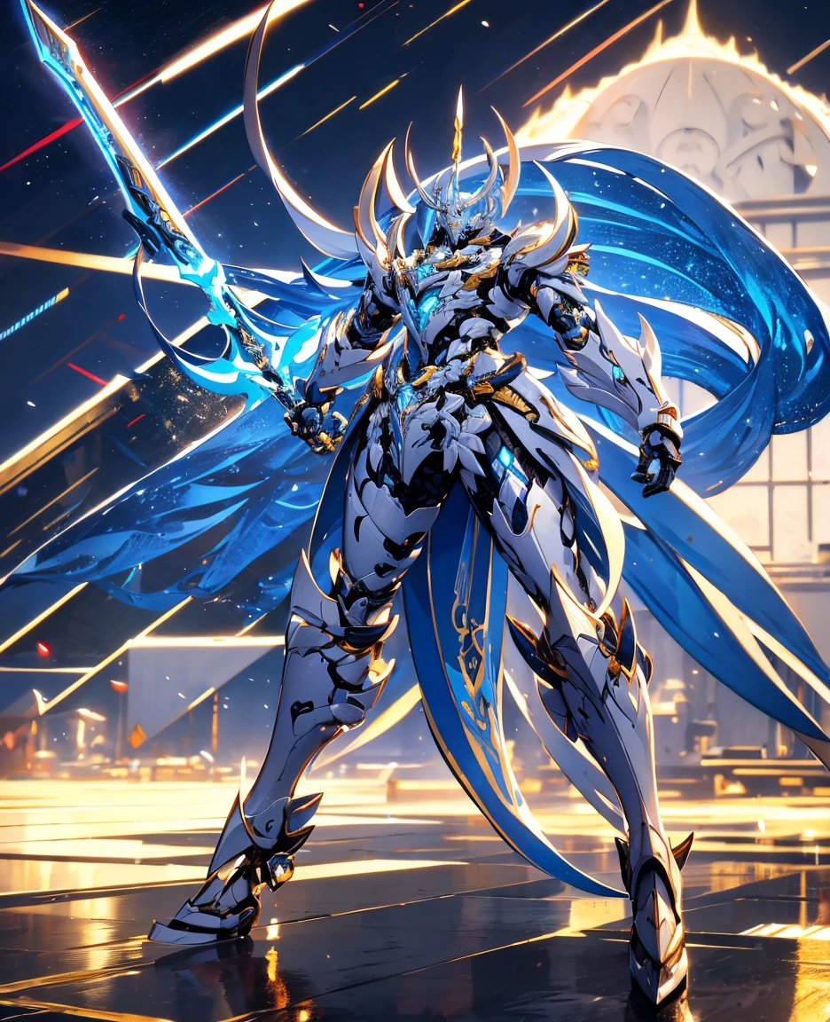 Futuristic tech style,Blue and white mech,All surrounded by particle dragons,With a spear,in a fighting stance,(《Romance of the Three Kingdoms》,《zhao yun》,Full body mecha,Fighting posture), Keqing from Genshin Impact, (Masterpiece) , The best quality, High quality,Gold armor,movie lighting, (Exquisite future), Beautiful and beautiful, Ultra detailed, great composition, Floating, Depth of field, (Very detailed CG,Unity 8k wallpaper), (Beautiful detail background), dramatic lights, GOGETTA, Mecha,best qualtiy,ultra high resolution,Vivid Wait for it to begin
