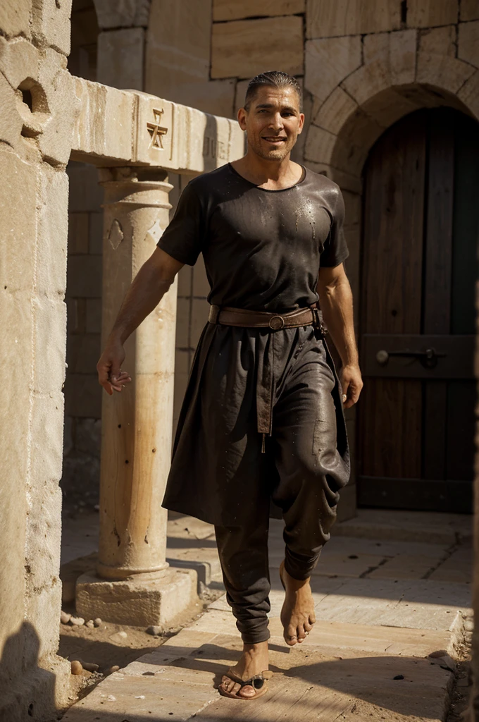 A 33 years old Hebrew resembles Jim Caviezel walking out of a tomb. His hands and feet bear the marks of being nailed on the wooden cross. His heart bears a mark of being speared. His head bears marks of being spiked. His face radiates a smile of joy. Near the tomb, Roman soldiers fell on the ground in fear.