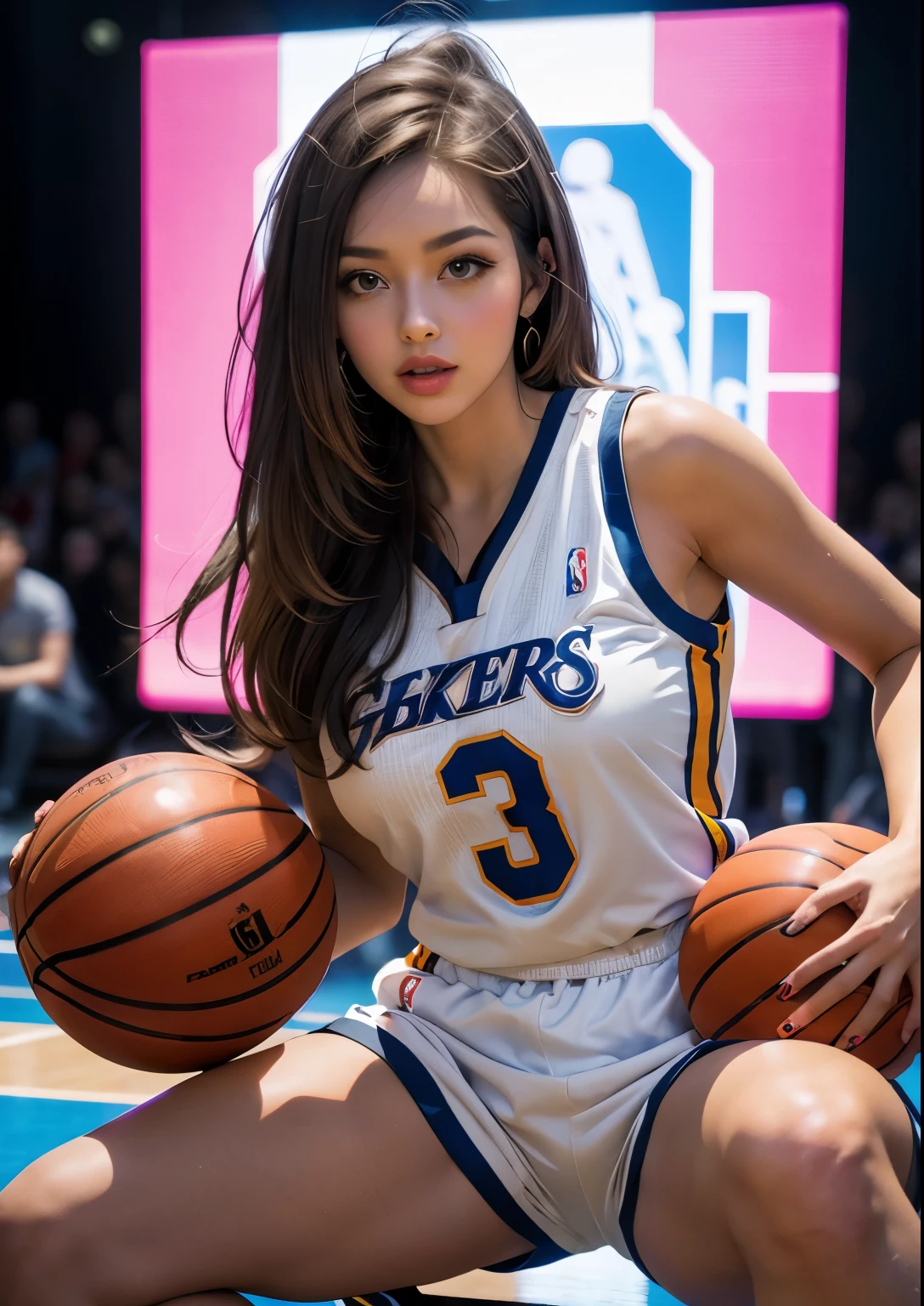 Psychedelic world、 basketball team uniform 、Cute sexy basketball team girl 、21 year old girls accentuated super huge enormously gigantic  spreading her legs open sexy seductive slutty pose 、very long caramel colored hair、colorful vibrant background、basketball game background、perfect lighting、sharp focus、High definition、high resolution、High color rendering、High resolution、Super realistic、photo realistic