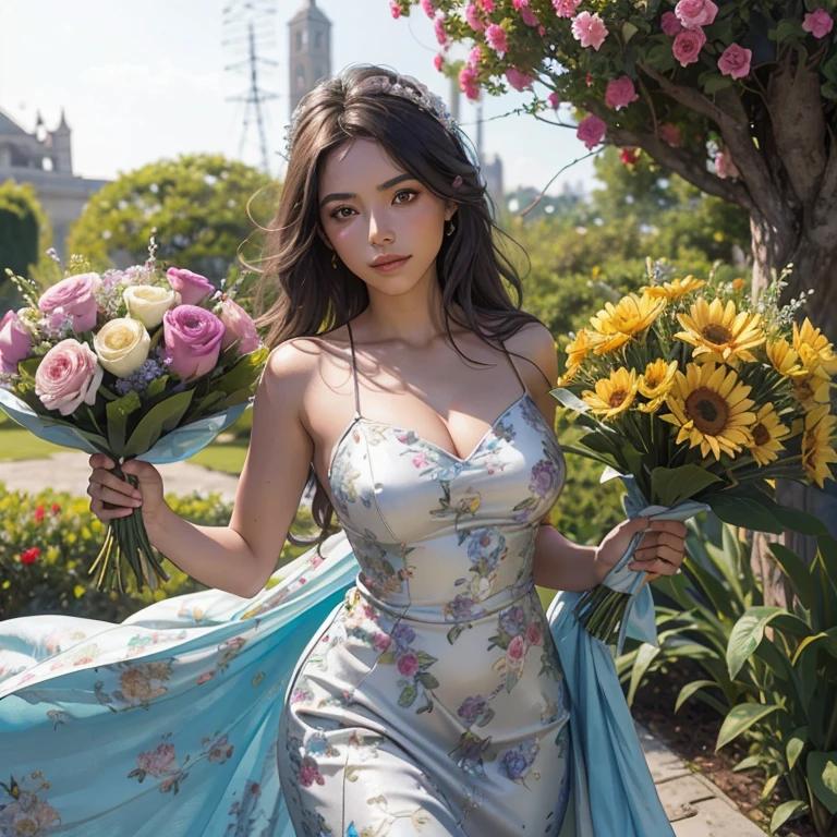 close up portrait Mexican young female beauty girl posing with a huge bouquet of flowers, in a beautiful garden, holiday, International Women's Day, light makeup, realistic body, covered silk dressed, light smile, shaggy hair, excitement, agile stance, wearing fancy dress, printed dress, maintaining perfect balance, f/3.0, 35mm, (cinematic and film grain:1.2),by Alberto Giacometti, in style mythpunk, Shiny silver and Bright spice colours, volumetric light
