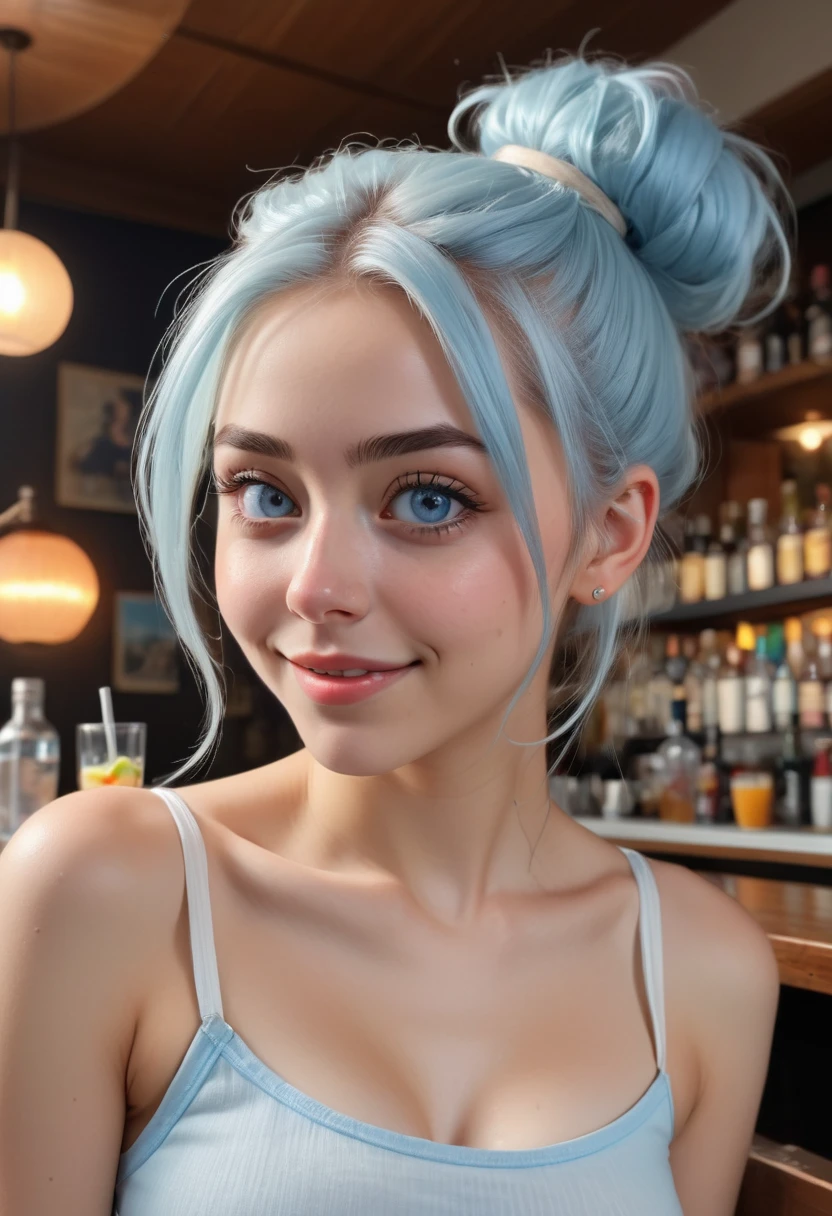 (masterpiece, best quality, photorealistic, Instagram photo, side profile,1 girl, Nia Johnson, sexy girl, beautiful girl, young lady, solo, Realism, natural light, ray tracing, Subsurface scattering, high-resolution, realistic style, 8k , official art, aesthetic, high contrast, extreme detailed background, soothing tones, realistic, beautiful light blue eyes, (smiley face expression: 1.5), perfect face, detailed face, detailed hair, shiny skin, perfect skin, (24 years old:1.4), blush,(opening clothes:1.1), Thick long light blue hair, messy high bun hairstyle, (wide shot:1.3),(breast,cleavage:1.2), (Summer theme:1.5),((putting her hair up:1.5)), (wearing white_light_blue_bikini:1.3),1girl,Breasts